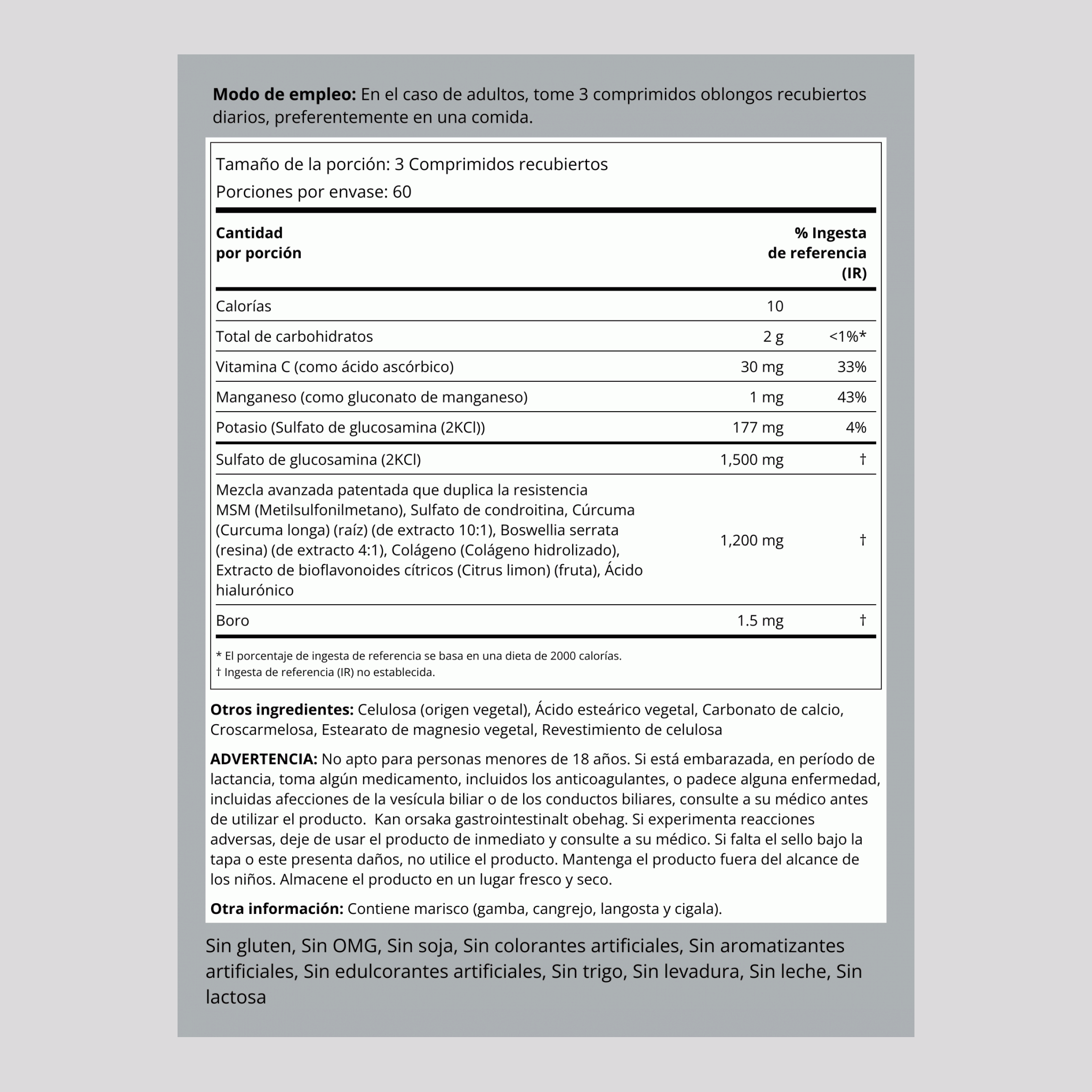 Glucosamina, condroitina, MSM Plus de doble concentración avanzada Cúrcuma 180 Comprimidos recubiertos       