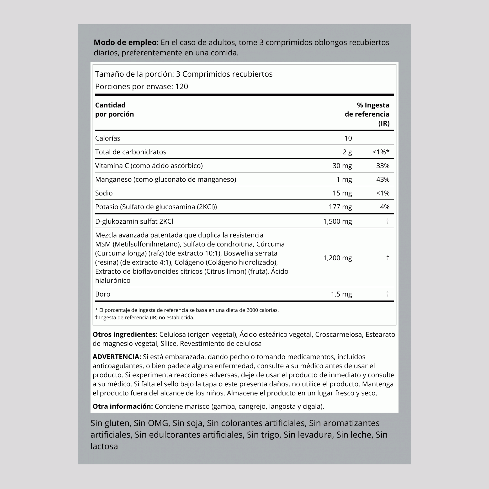 Glucosamina, condroitina, MSM Plus de doble concentración avanzada Cúrcuma 360 Comprimidos recubiertos       