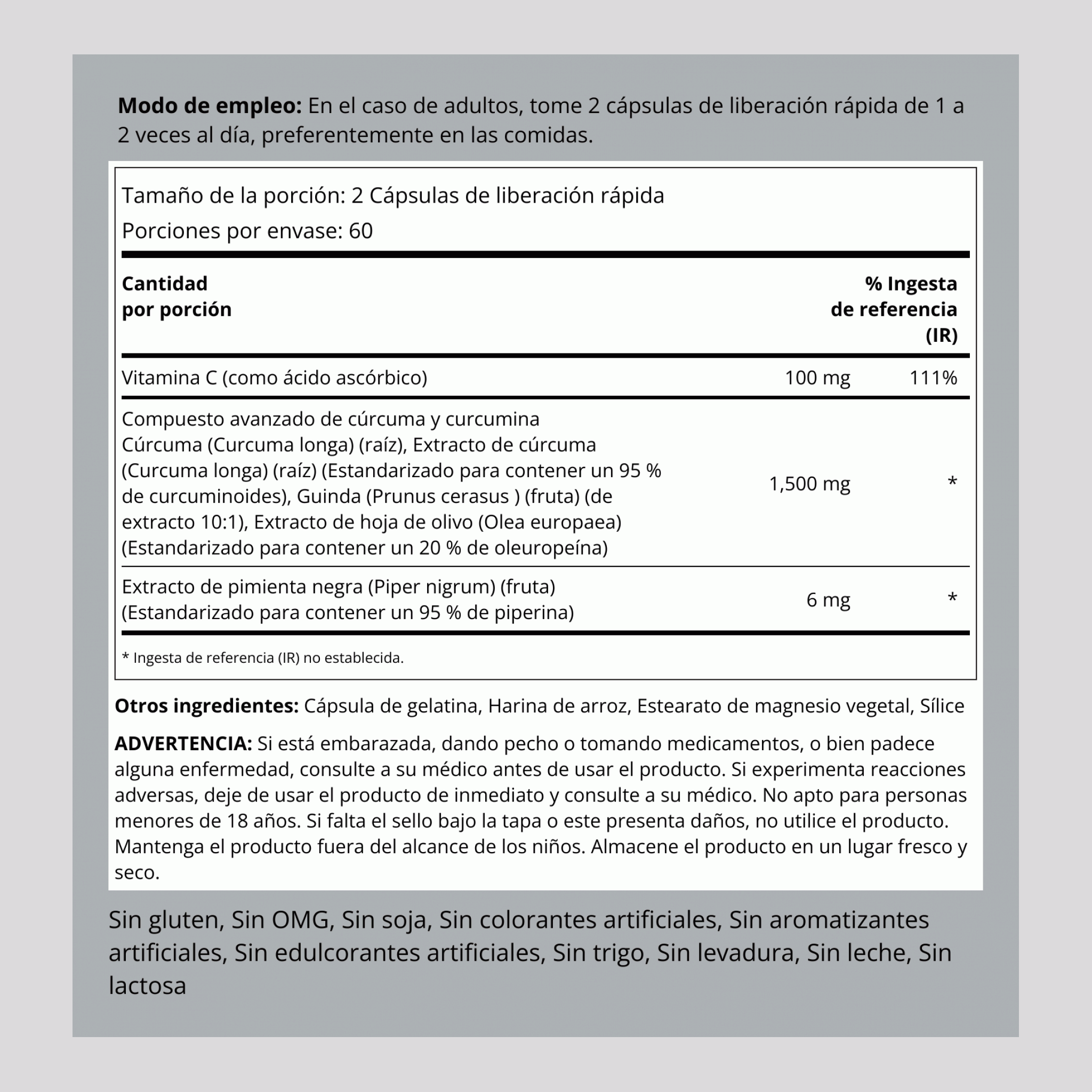 Compuesto avanzado de cúrcuma y curcumina  1500 mg (por porción) 120 Cápsulas de liberación rápida     