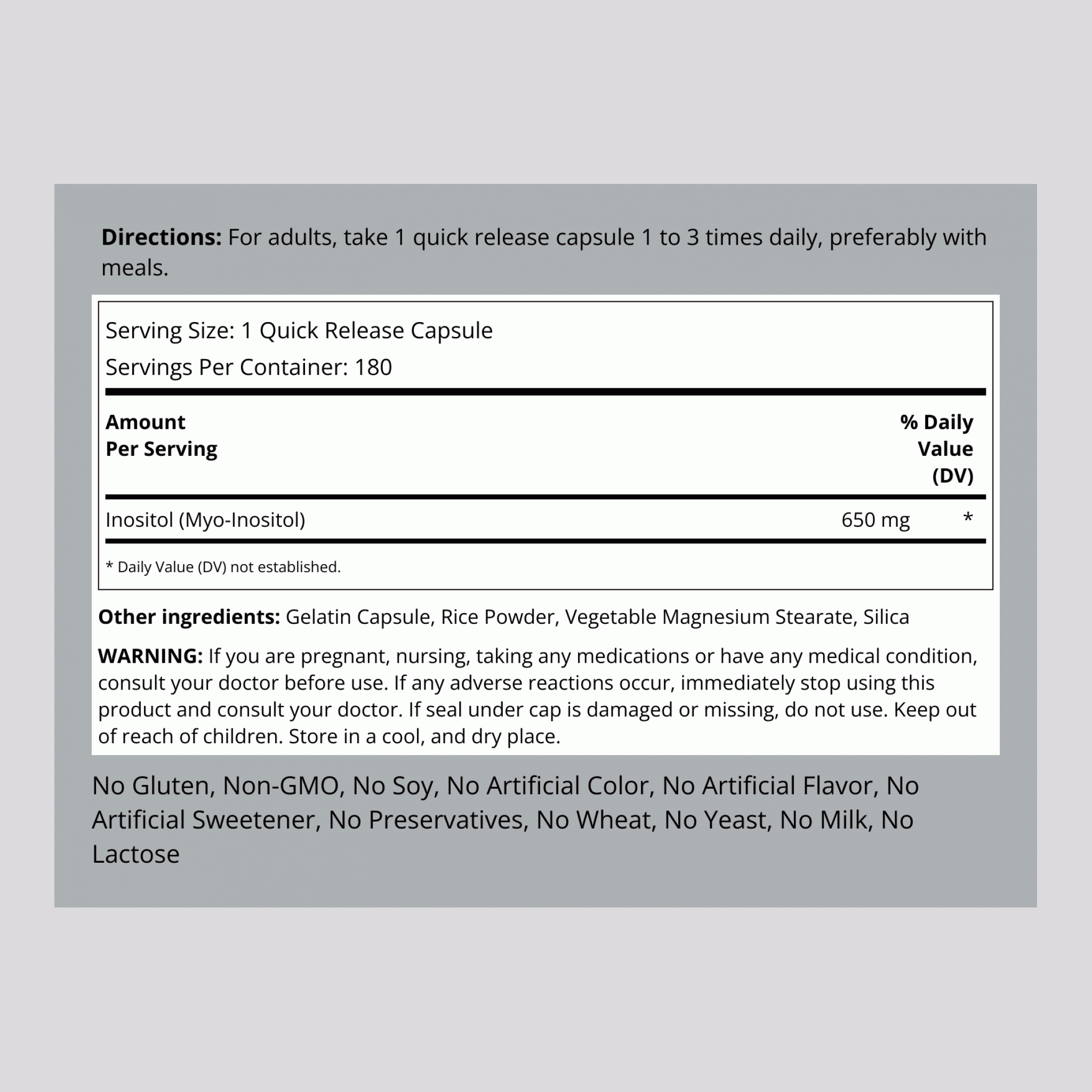 Inositol, 650 mg, 180 Quick Release Capsules