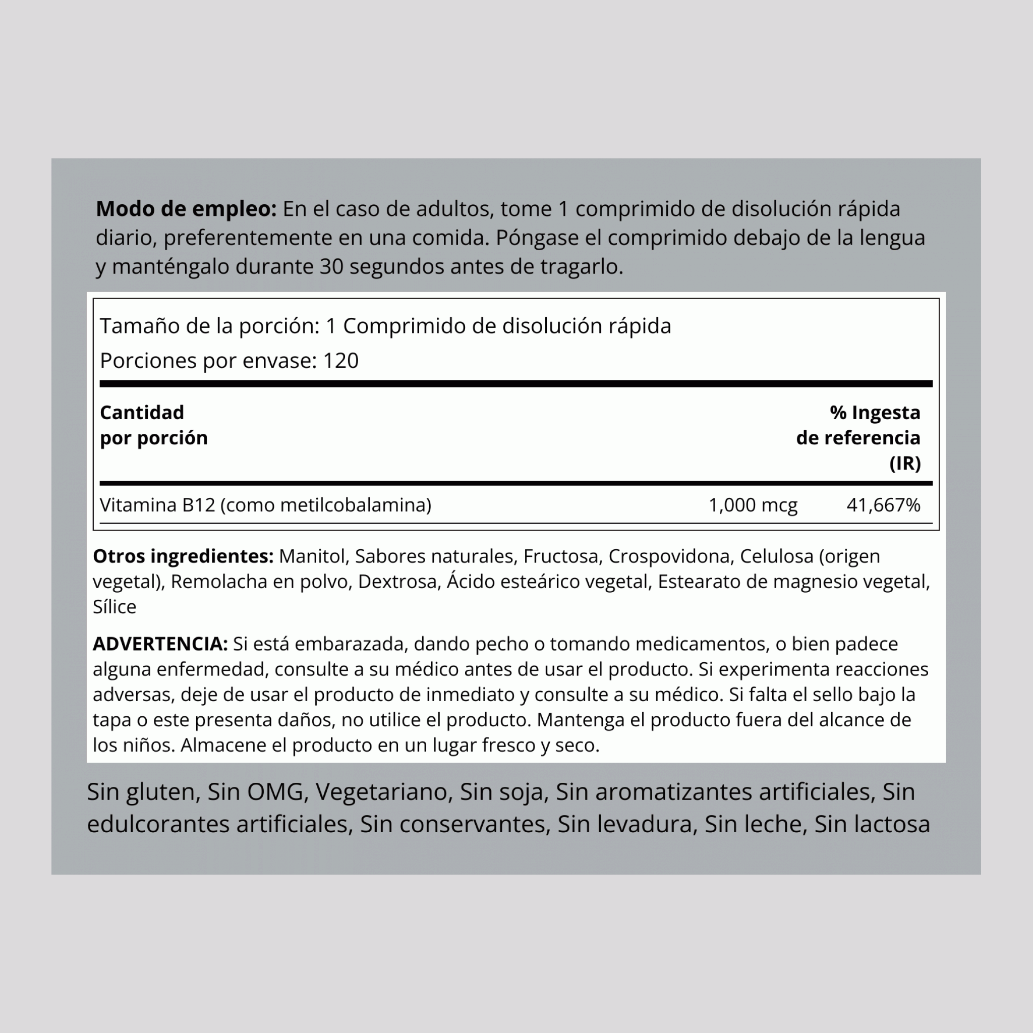 Metillcobalamin B-12 (sublingual) 1000 mcg 120 Pastillas de rápida disolución     