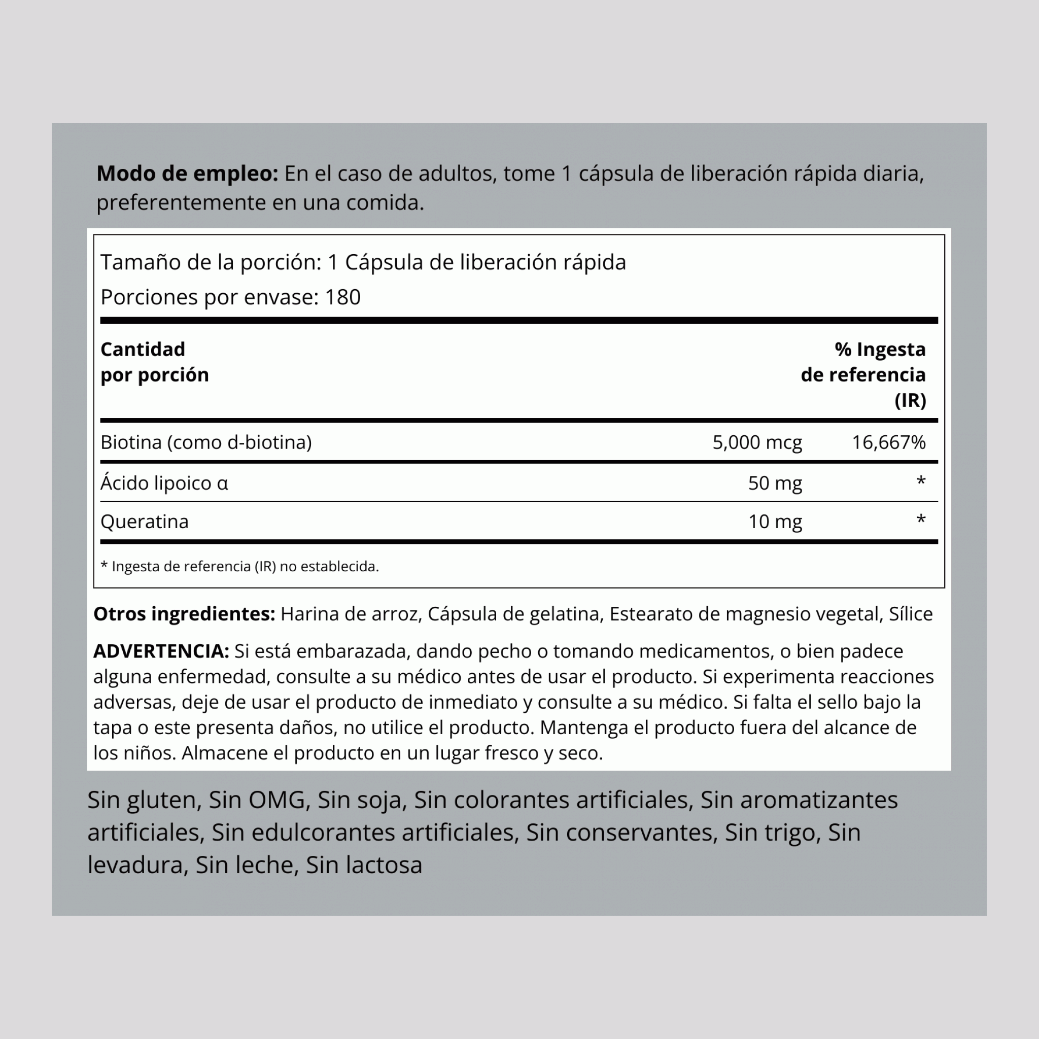 Complejo de biotina 5000 mcg (5 mg) con ALA y queratina 180 Cápsulas de liberación rápida       