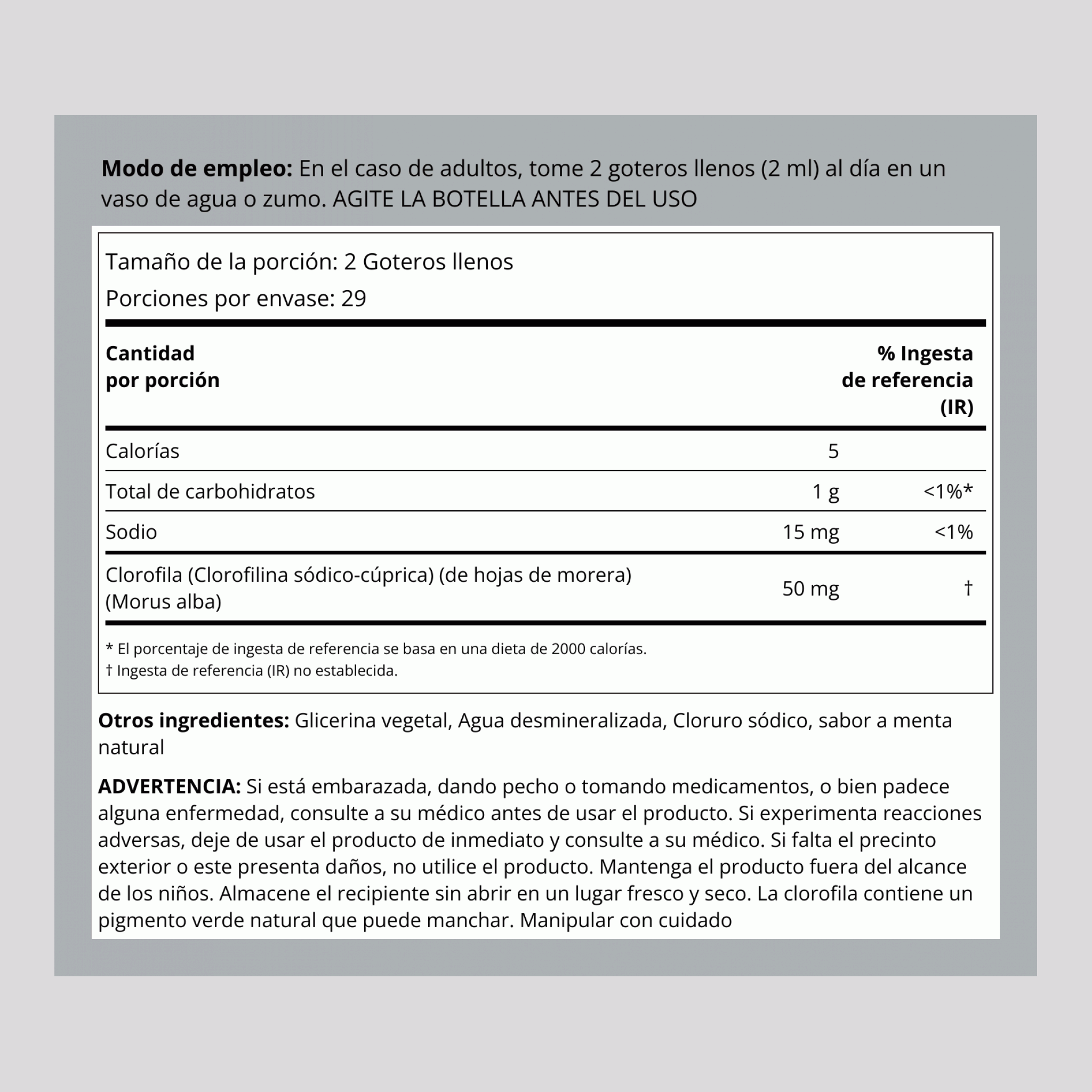 Clorofila líquida (sabor natural a menta) 50 mg (por porción) 2 fl oz 59 mL Frasco con dosificador  
