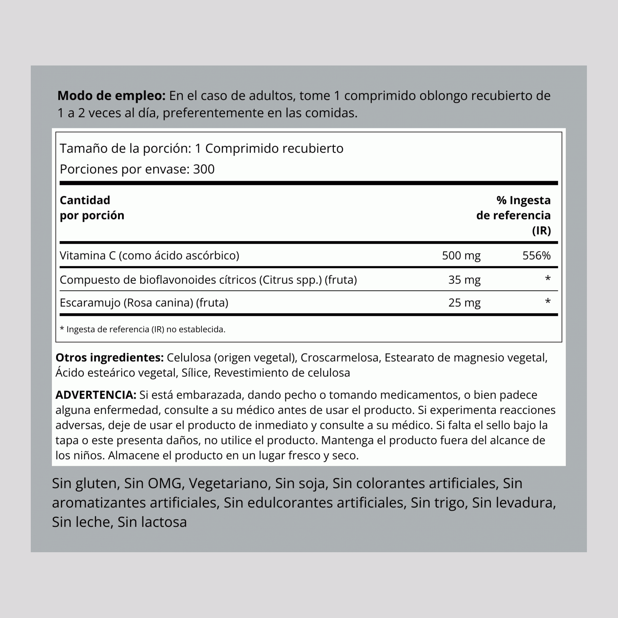 Vitamina C 500mg con bioflavonoides y escaramujos 300 Comprimidos recubiertos       