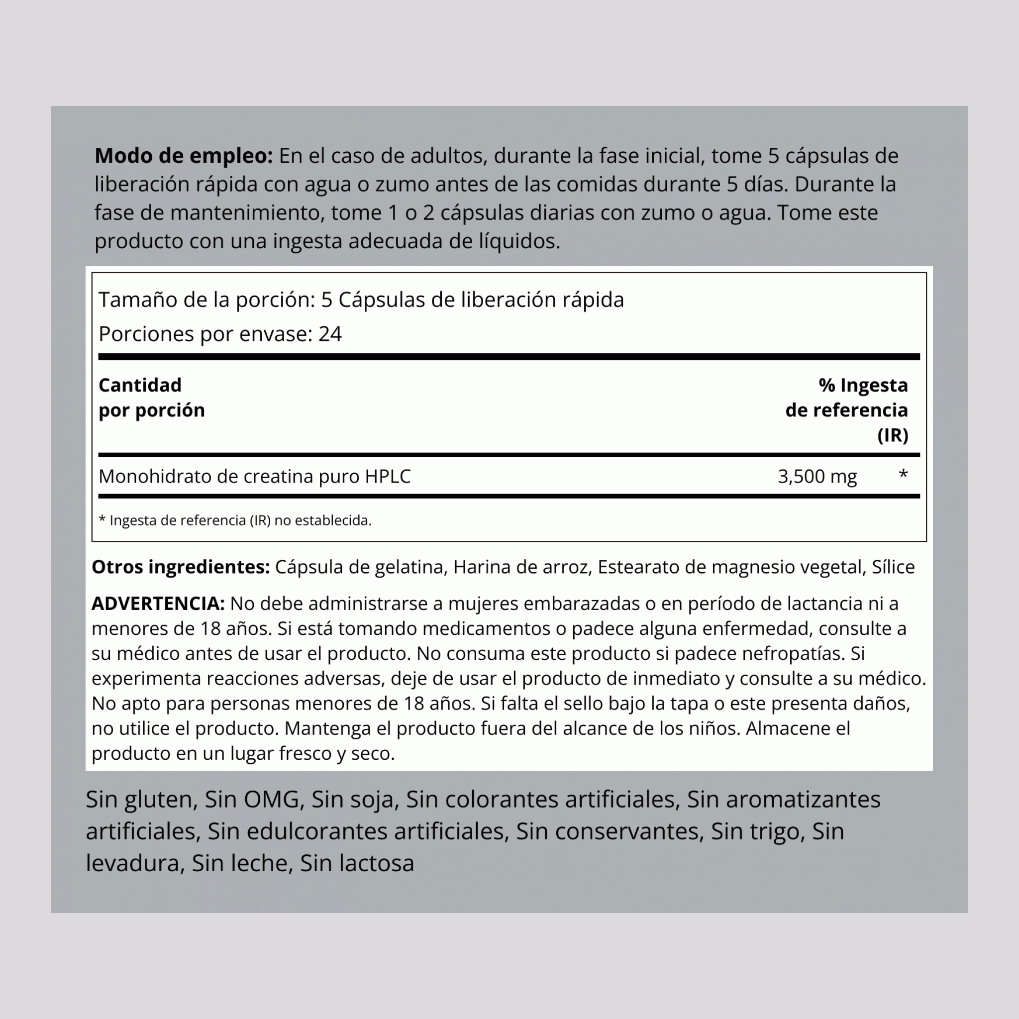 Monohidrato de creatina  3500 mg (por porción) 120 Cápsulas de liberación rápida     