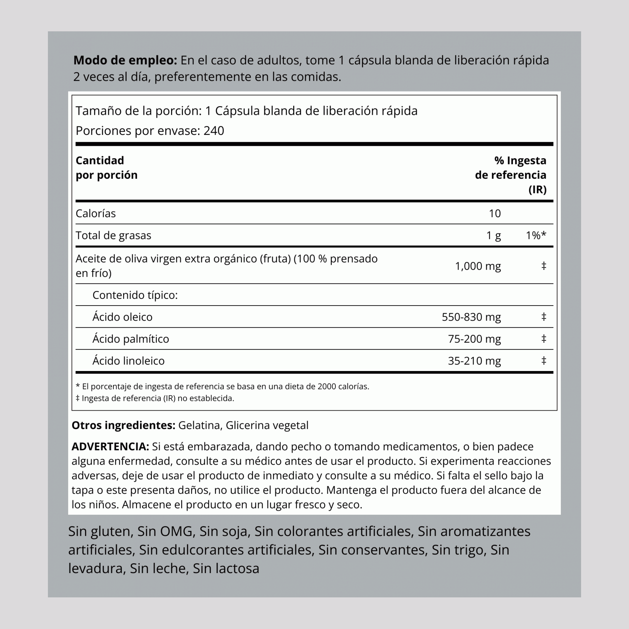 Aceite de oliva 1000 mg 240 Cápsulas blandas de liberación rápida     