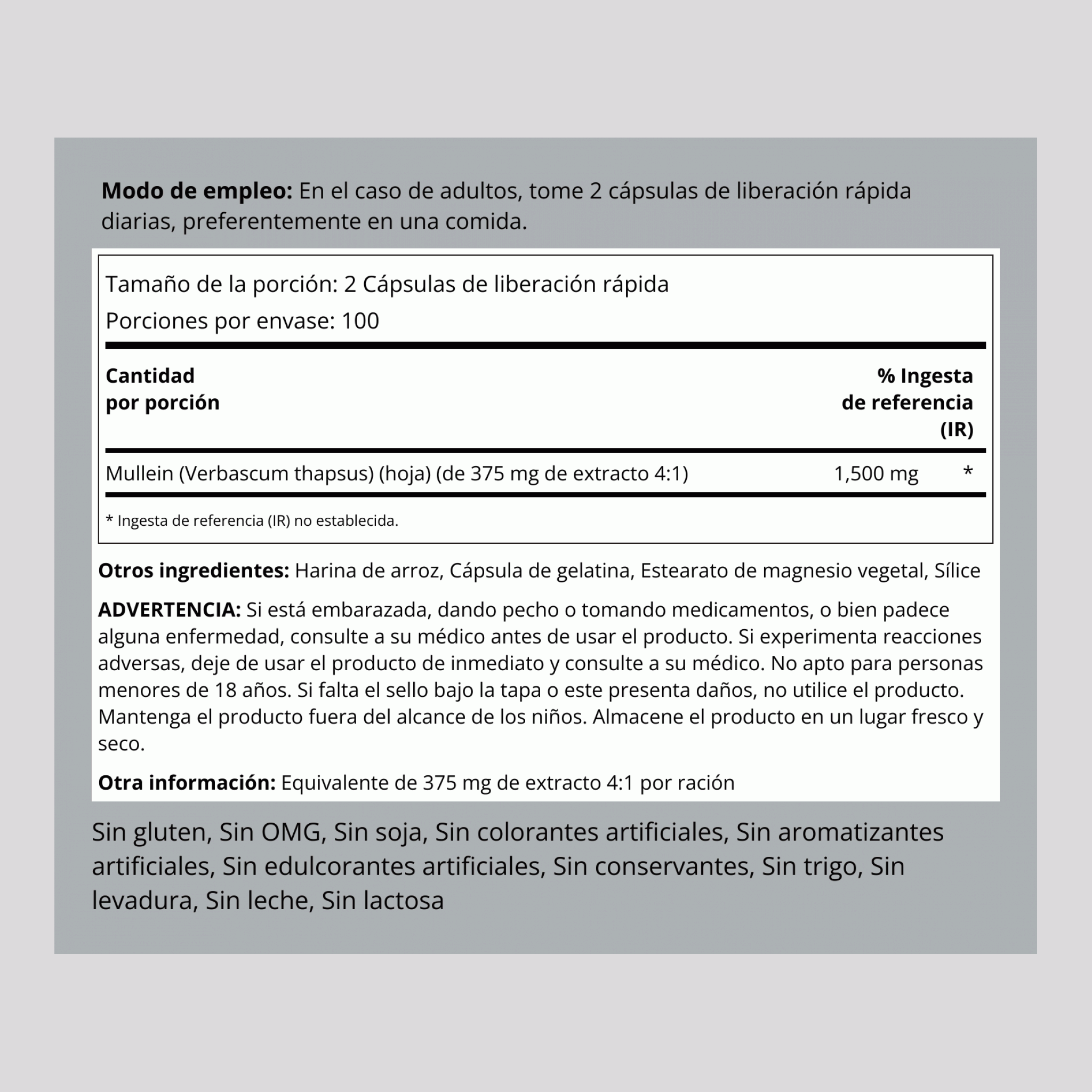 Hoja de barbasco (gordolobo) 1500 mg (por porción) 200 Cápsulas de liberación rápida     