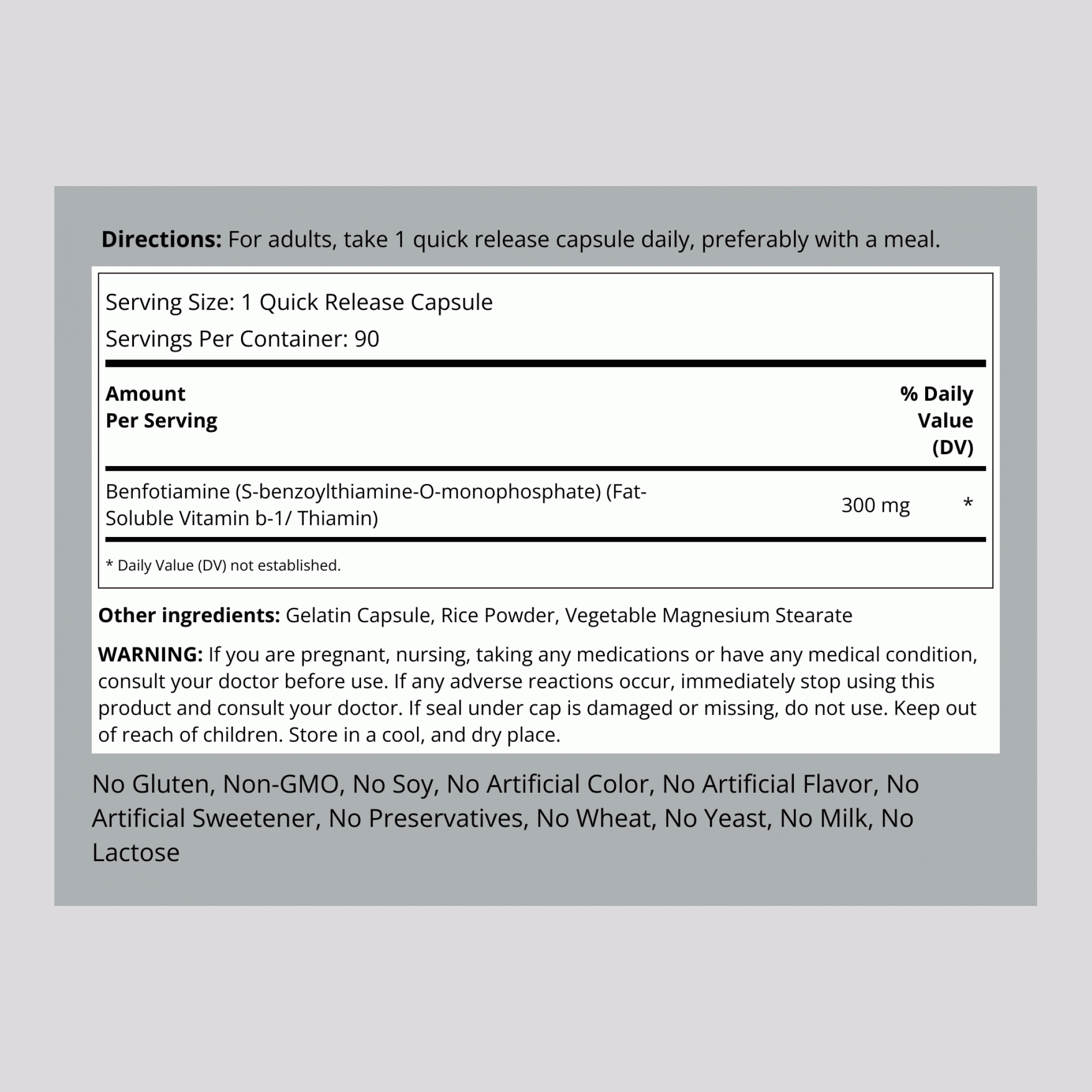 Benfotiamine (Fat Soluble Vitamin B-1), 300 mg, 90 Quick Release Capsules