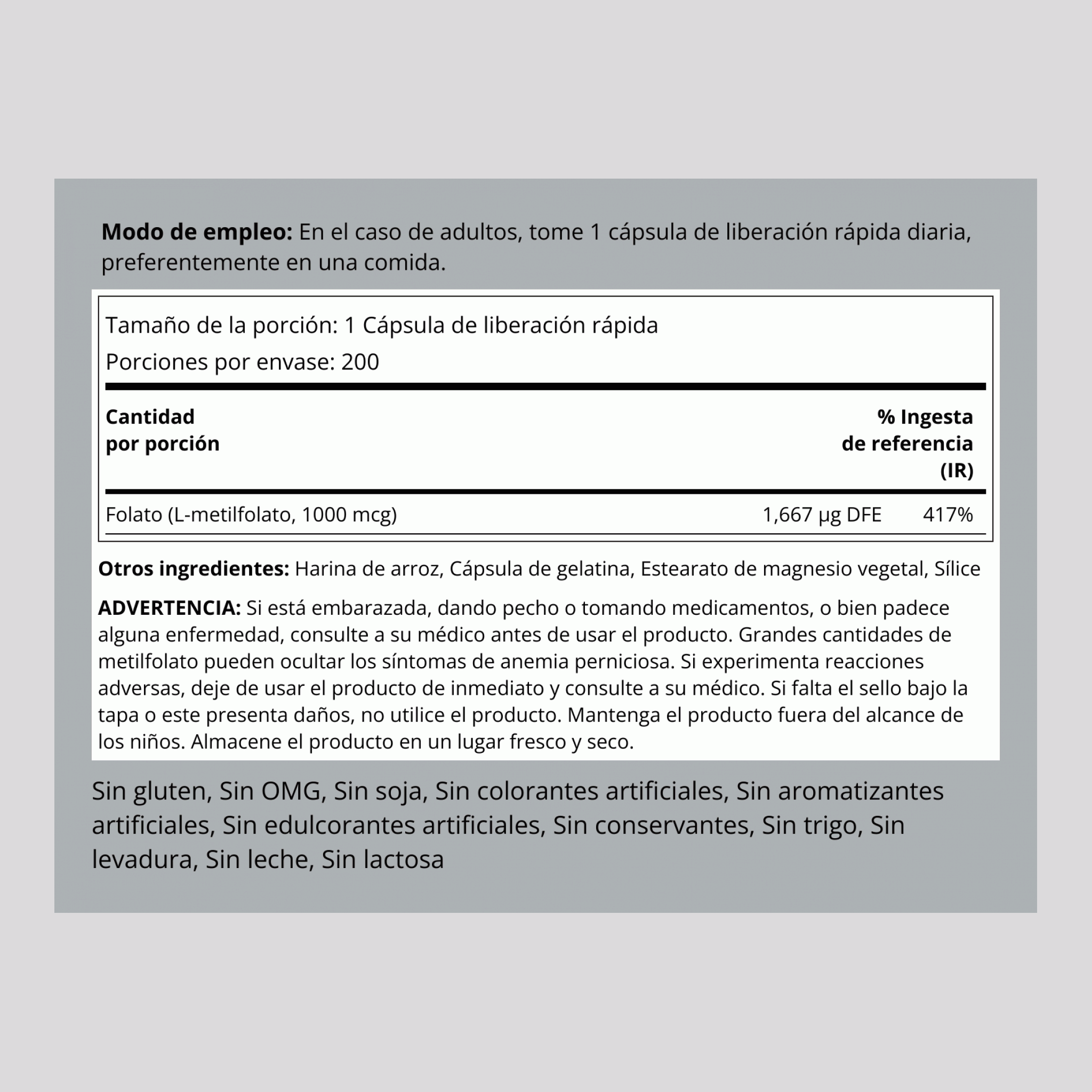 Comprimidos de L-metilfolato, 1000 mcg 1000 mcg 200 Cápsulas de liberación rápida     