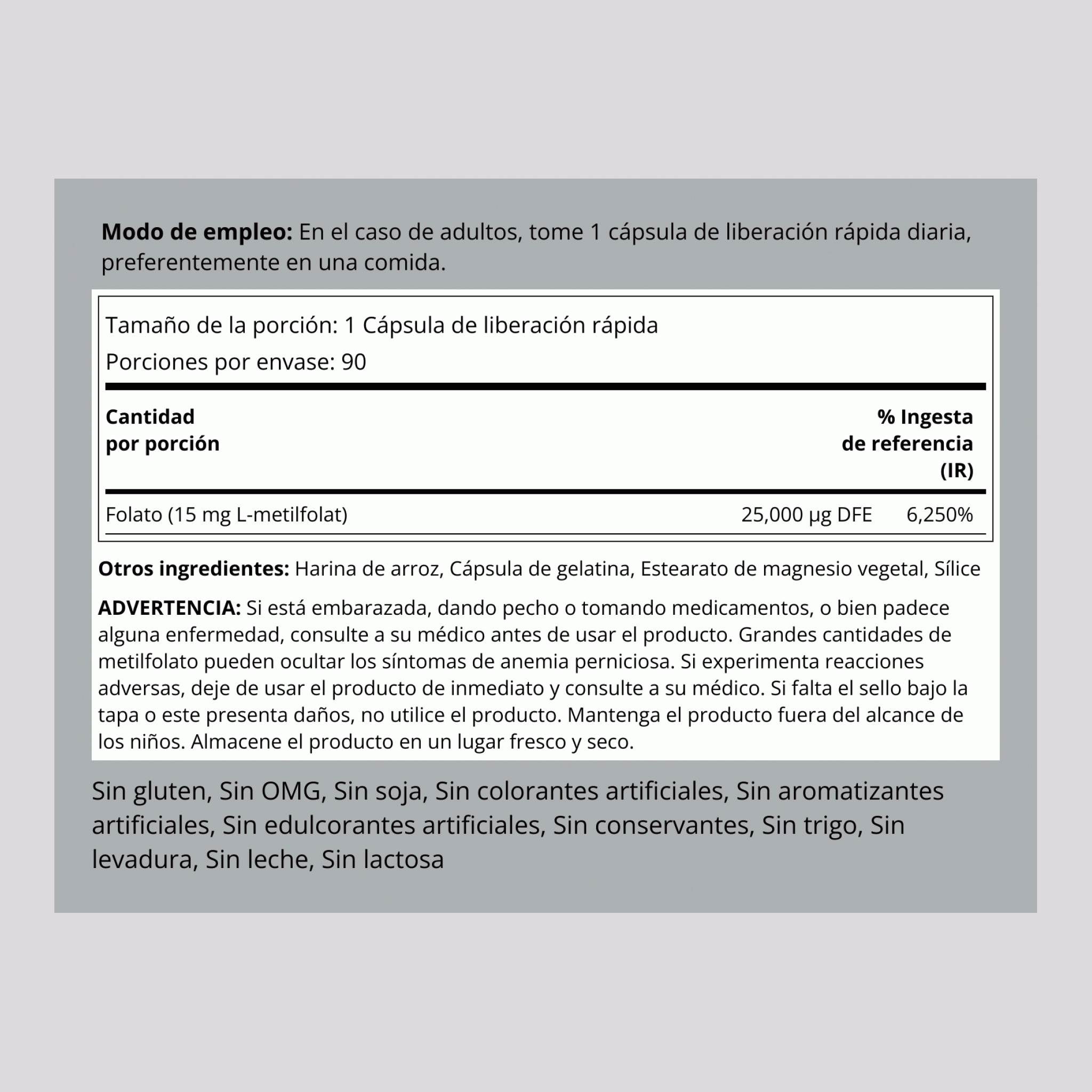 Comprimidos de L-metilfolato, 1000 mcg 15 mg 90 Cápsulas de liberación rápida     