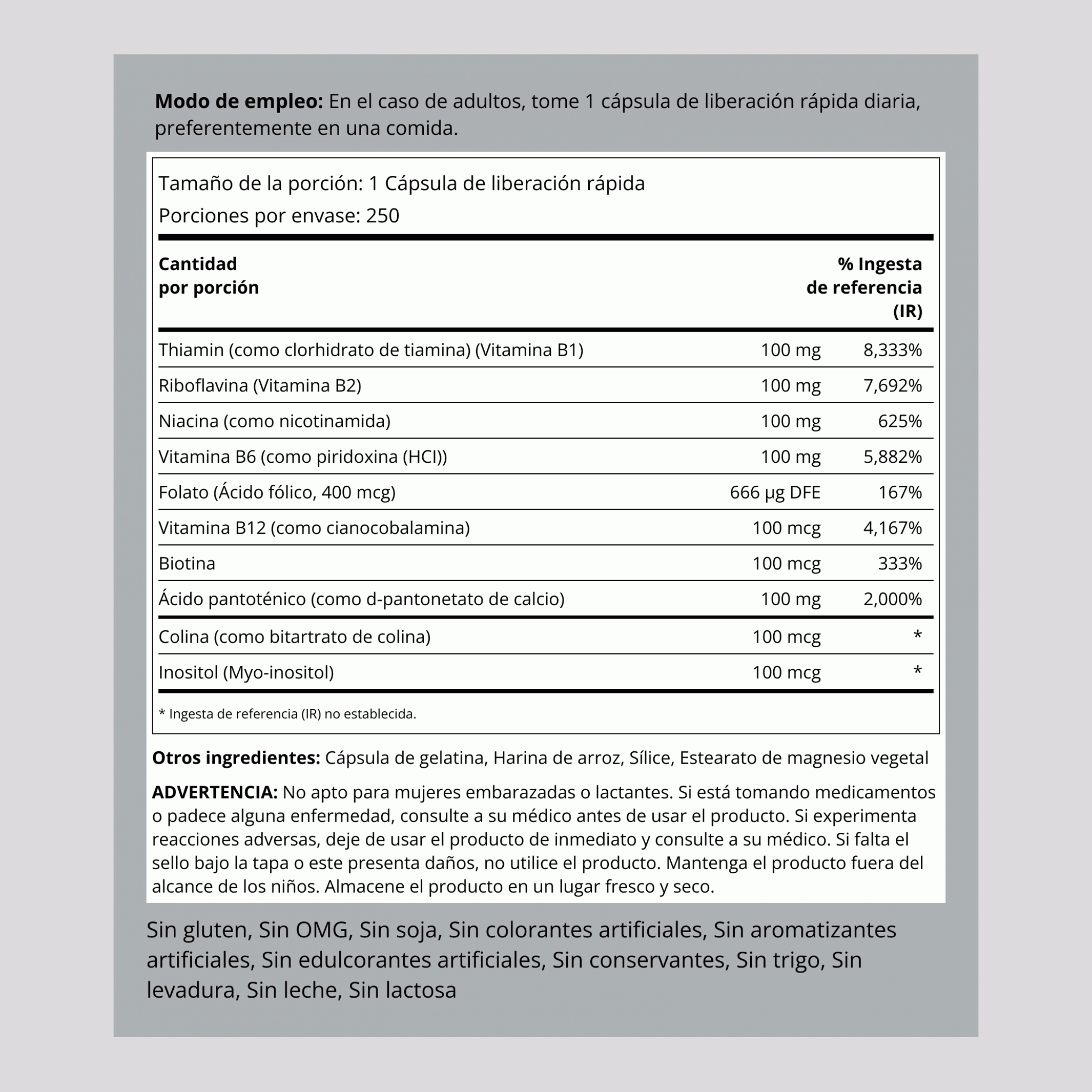 Complejo vitamínico B-100 250 Cápsulas de liberación rápida       