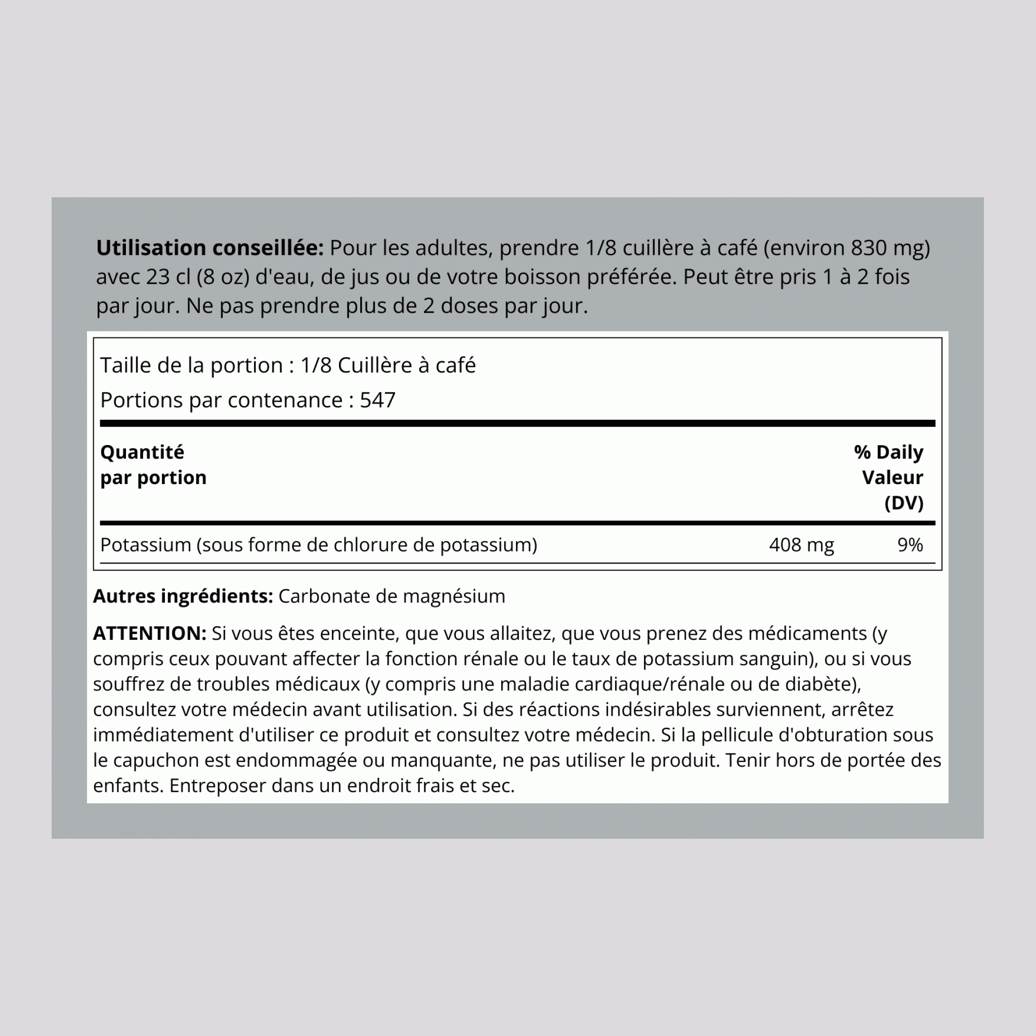 Potassium Chloride Powder, 408 mg, 16 oz (454 g) Bottle