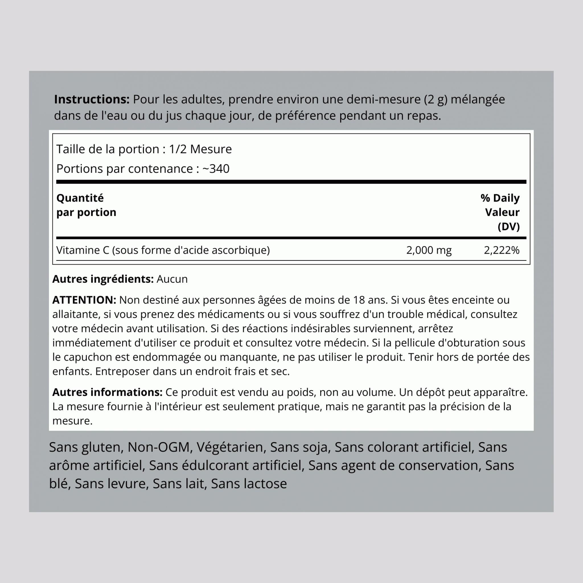 Vitamin C  Powder, 2000 mg (per serving), 24 oz (680 g) Bottle