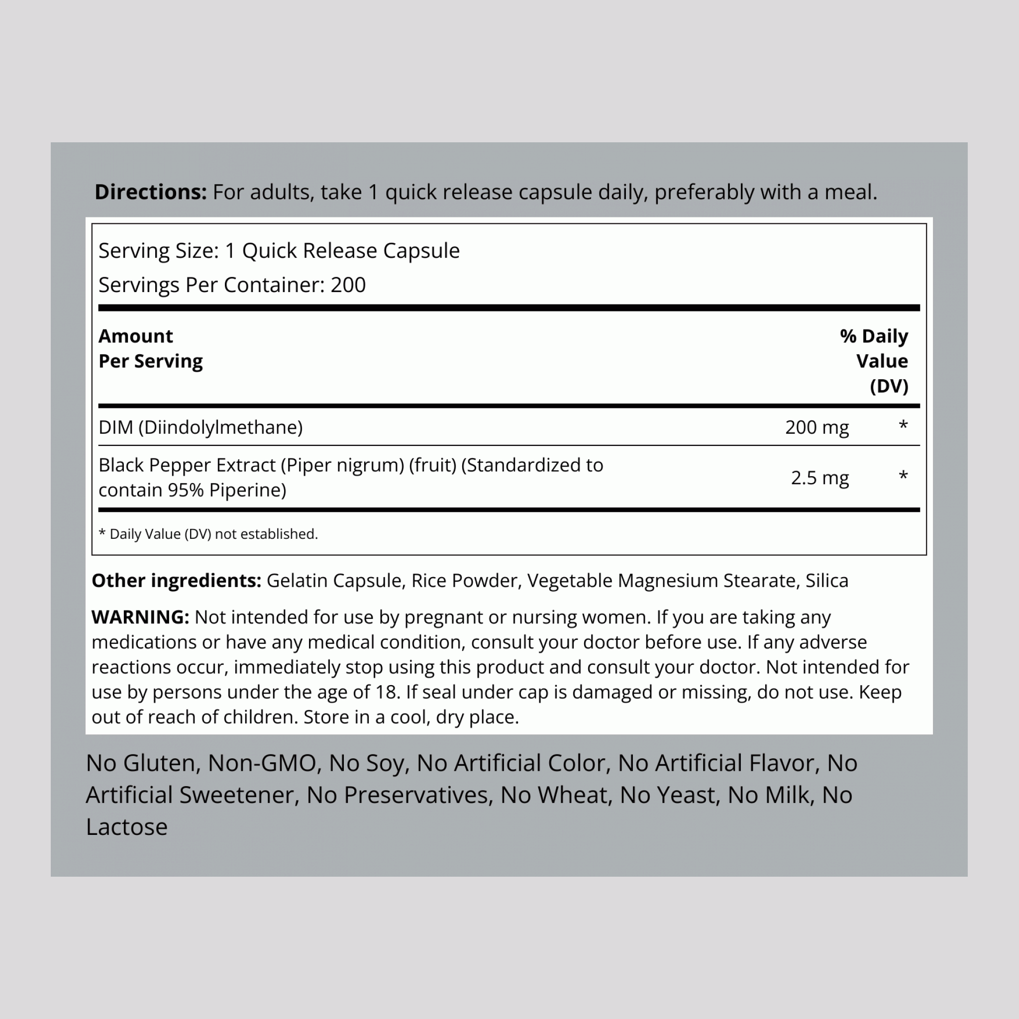 DIM (Diindolylmethane), 200 mg, 200 Quick Release Capsules