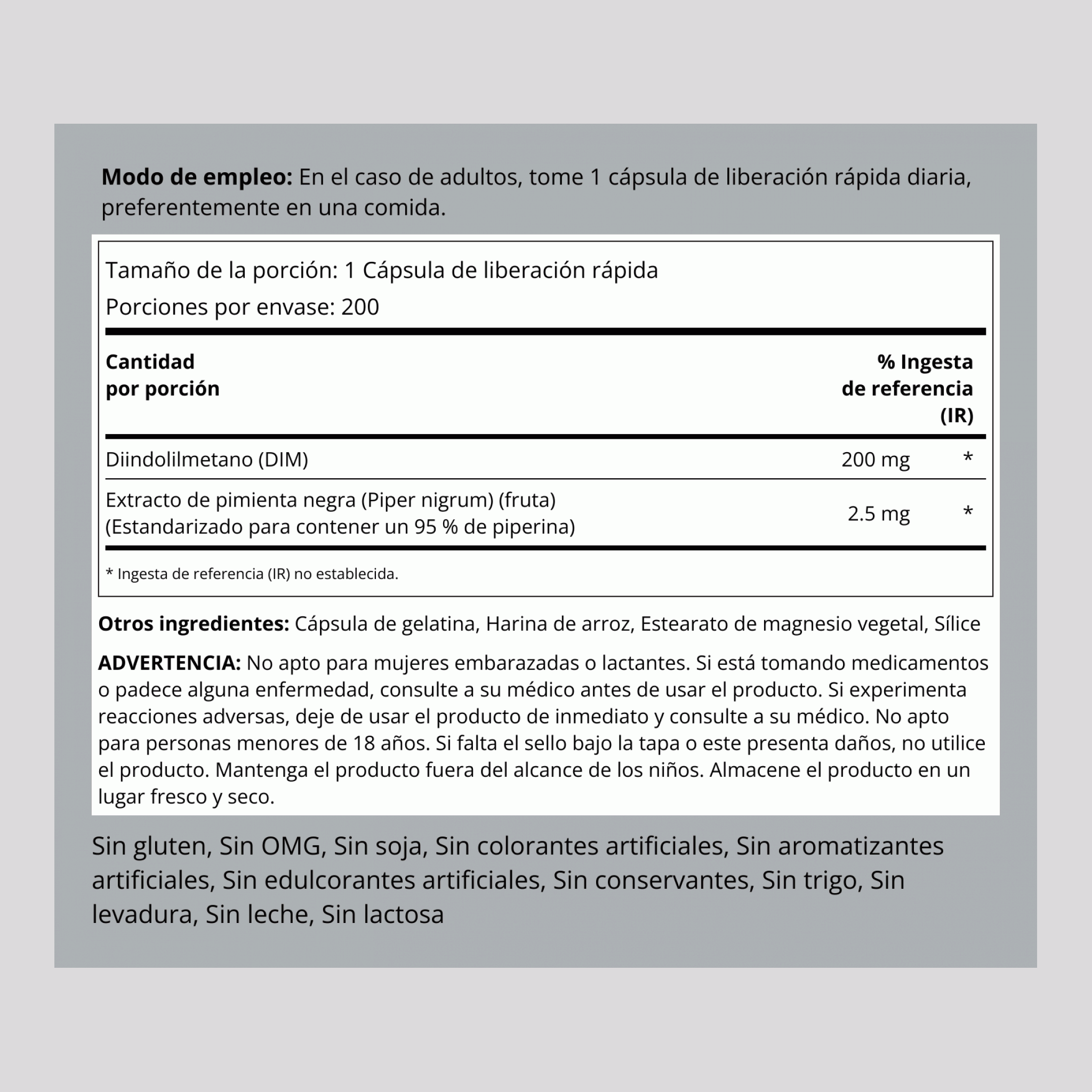 DIM (diindolylmethane) 200 mg 200 Cápsulas de liberación rápida     