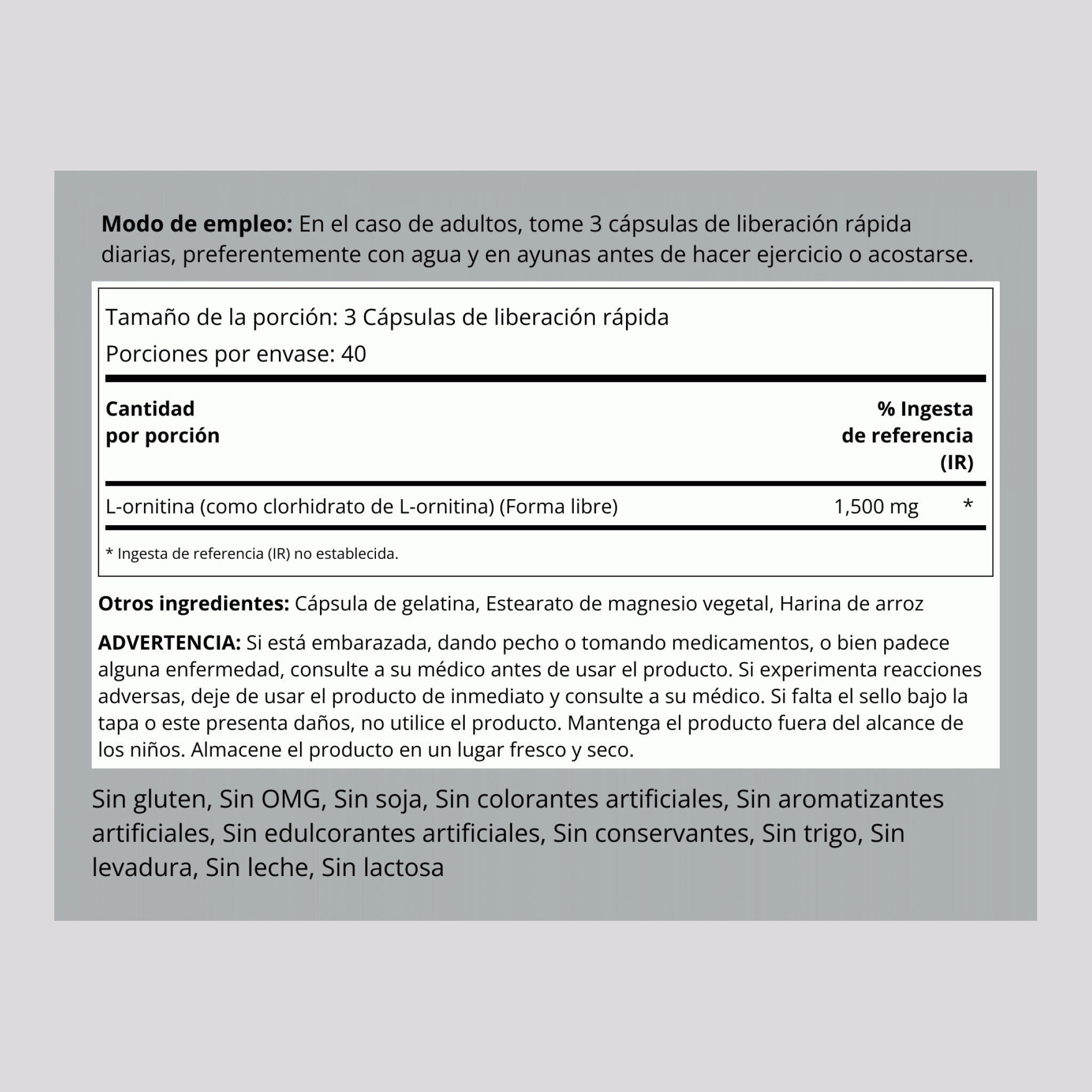 L-ornitina  1500 mg (por porción) 120 Cápsulas de liberación rápida     