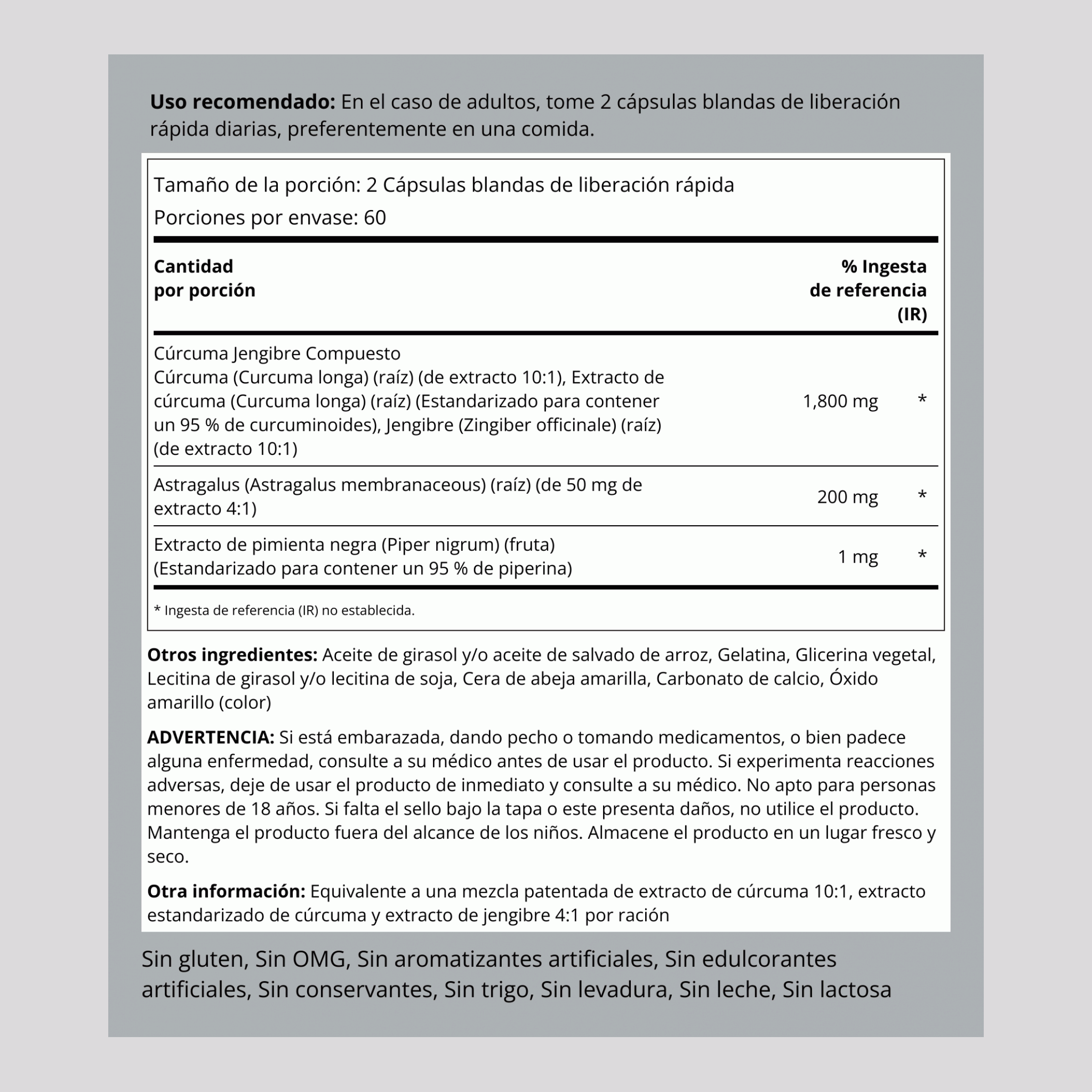 Compuesto de cúrcuma y jengibre extracto estandarizado 1800 mg (por porción) 120 Cápsulas blandas de liberación rápida     