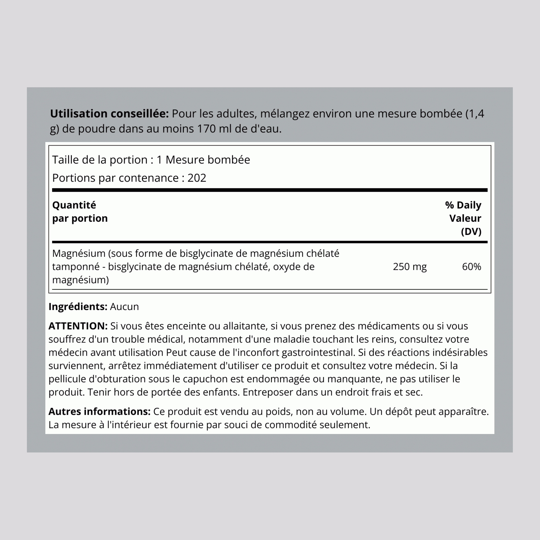 Magnesium Glycinate Powder, 250 mg (per serving), 10 oz (283 g) Bottle