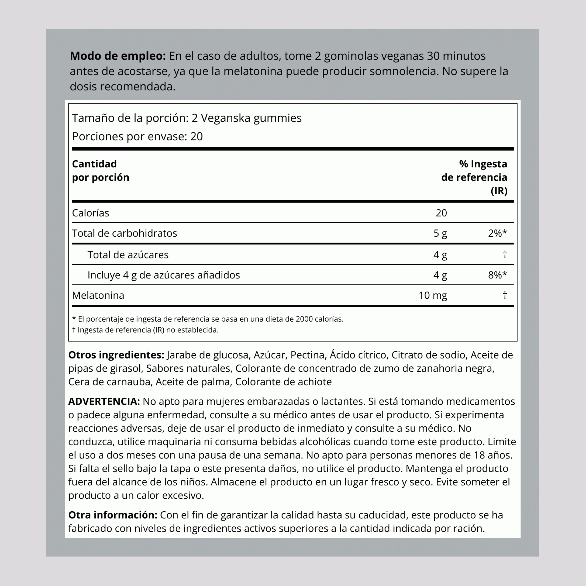 Melatonina  10 mg (por porción) 40 Veganska gummies     