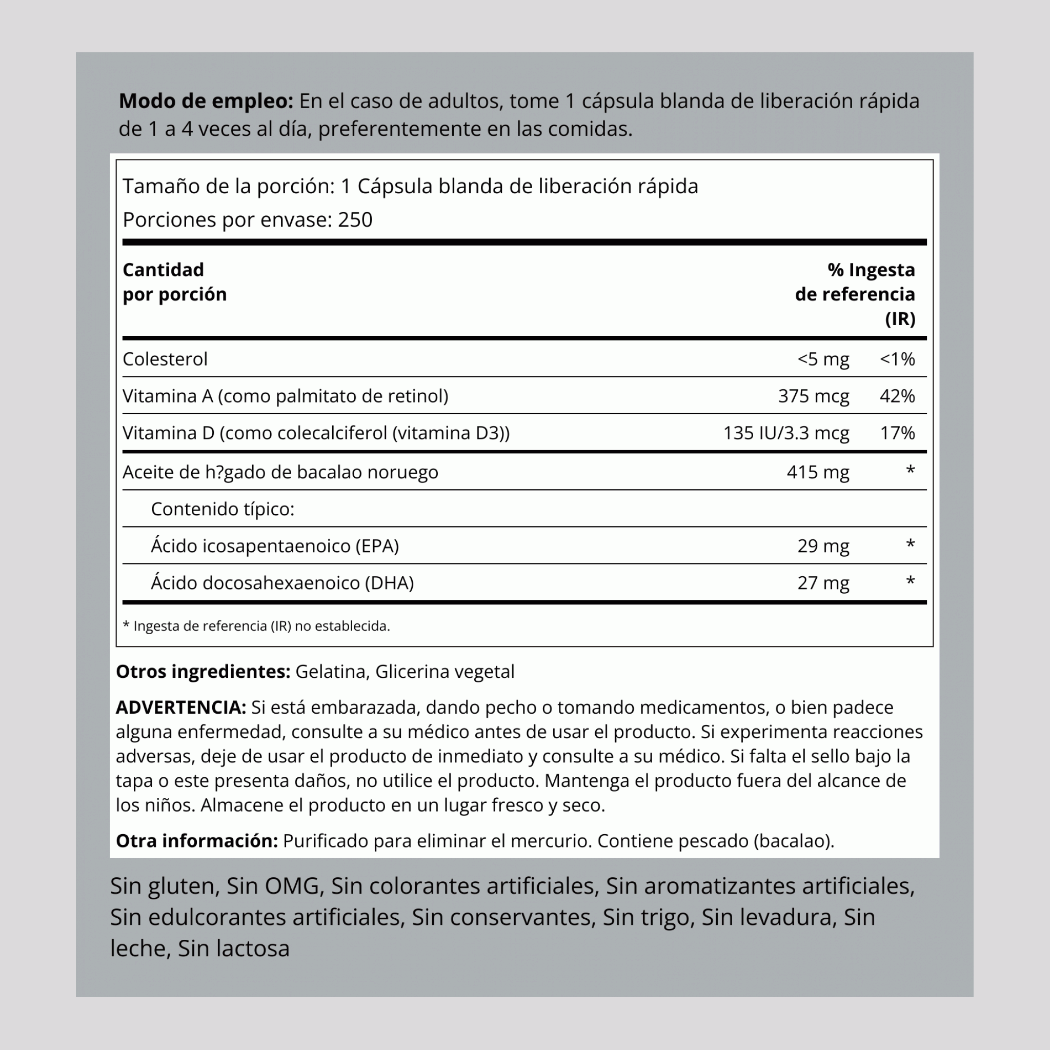 Aceite de hígado de bacalao Supreme Engelvaer noruego 250 Cápsulas blandas de liberación rápida       