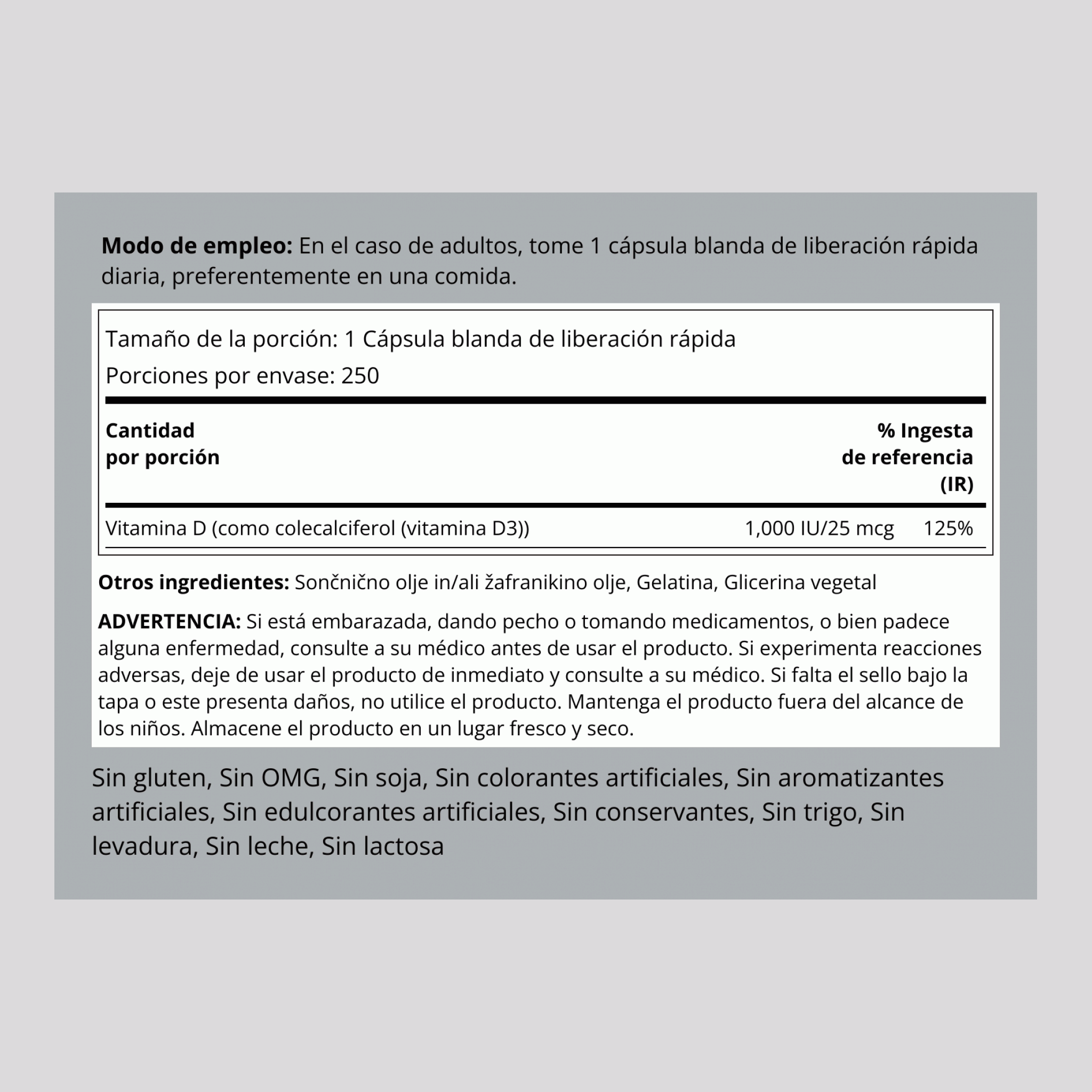 Vitamina D3 de alta potencia  1000 IU 250 Cápsulas blandas de liberación rápida     