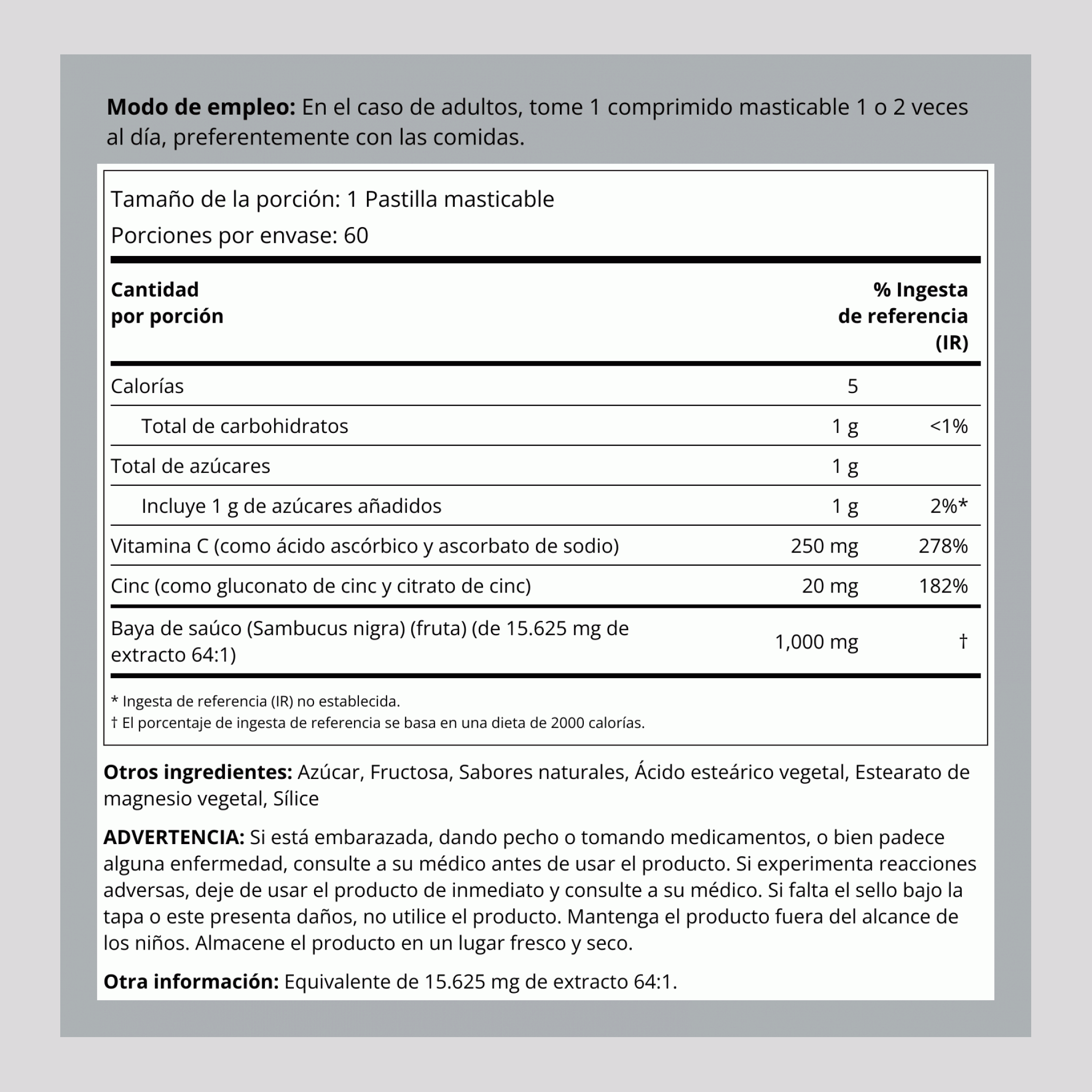 Complejo de ayuda para el sistema inmunológico de bayas de saúco, con vitamina C y cinc (sabor natural a baya) 60 Tabletas masticables       