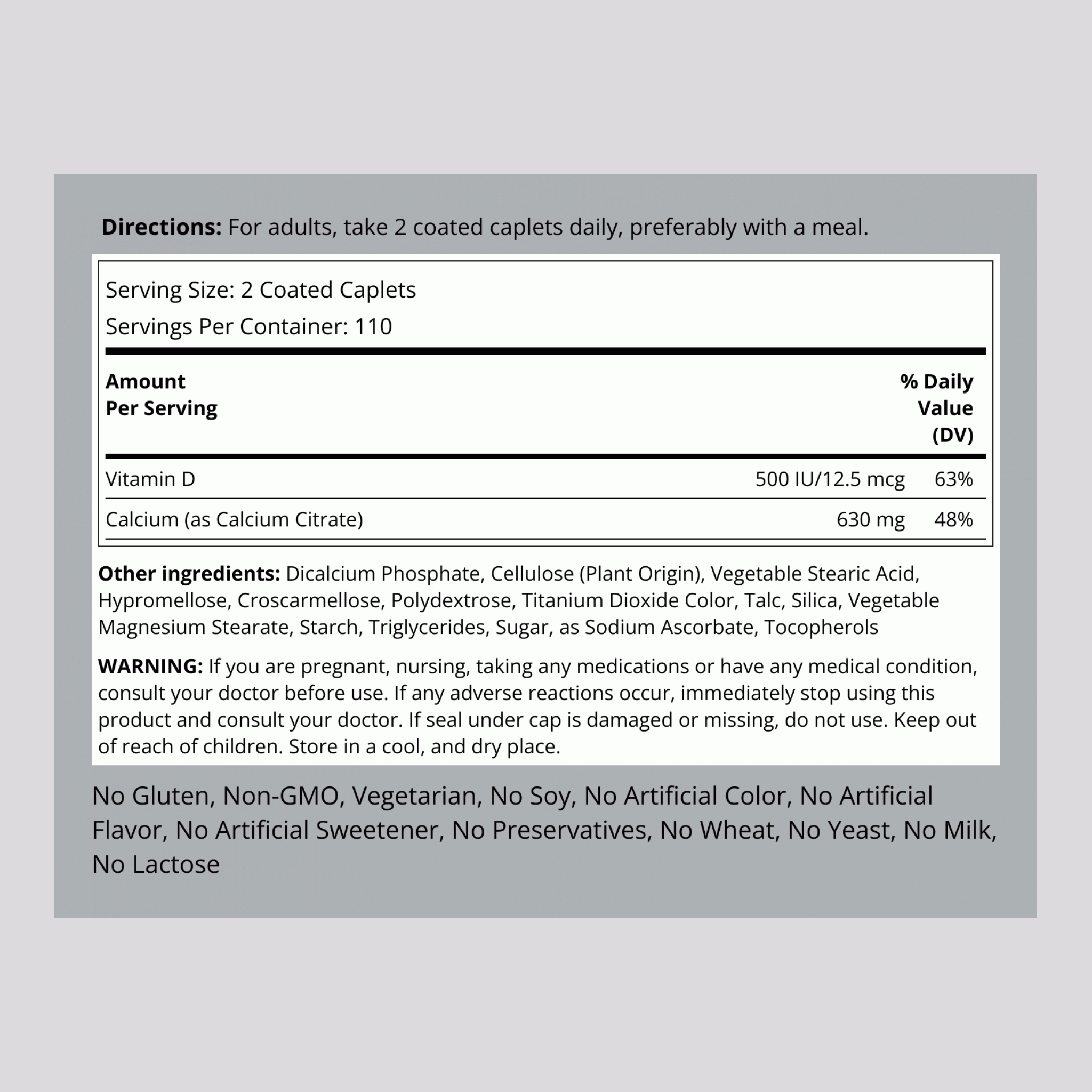 Calcium Citrate 630 mg (per serving) Plus D3 500 IU, 220 Coated Caplets