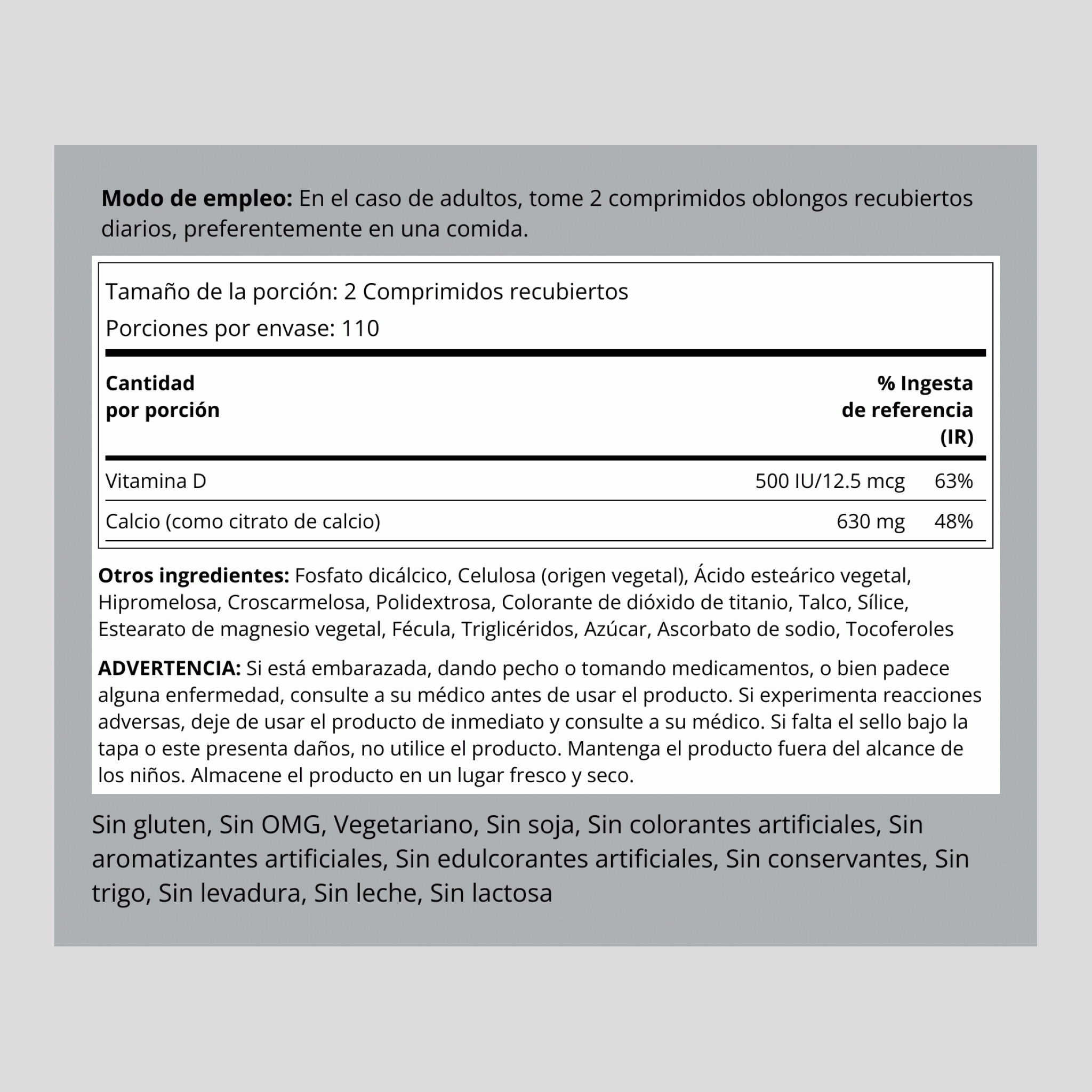 Citrato de calcio (630 mg) con vitamina D3 (500 IU) 220 Comprimidos recubiertos       