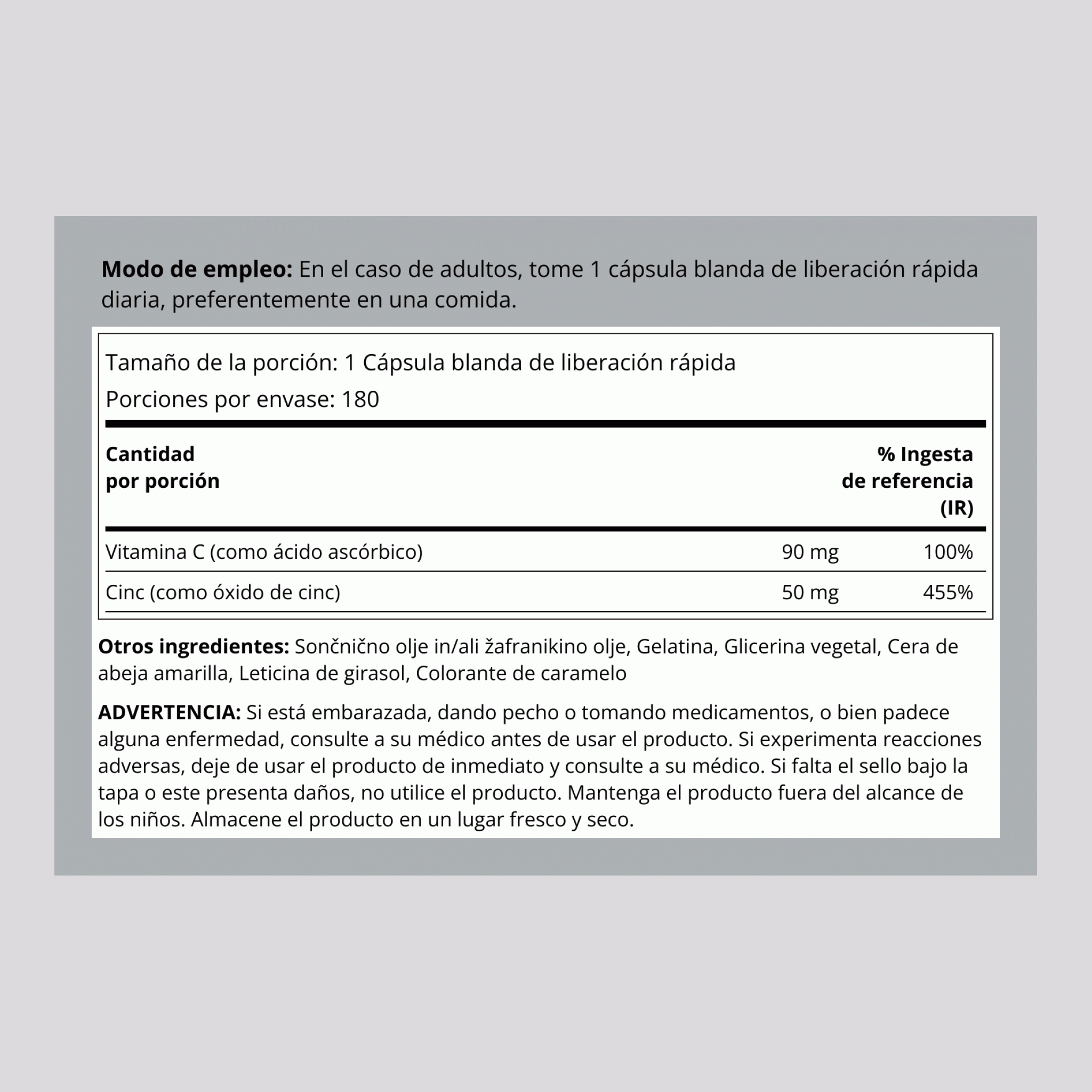 Vitamina C absorbible más zinc 180 Cápsulas blandas de liberación rápida       