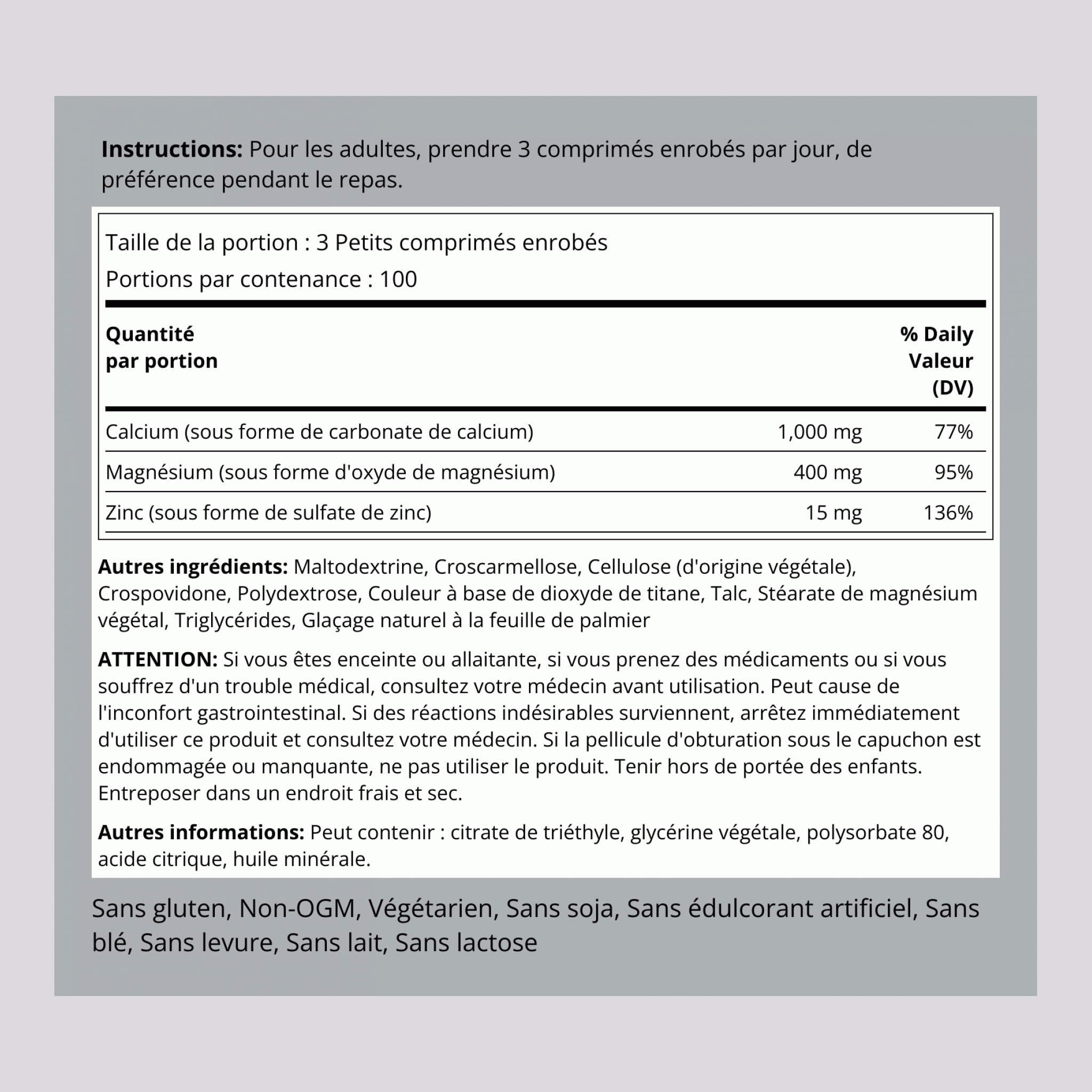 Calcium Magnesium Zinc (Cal 1000mg/Mag 400mg/Zn 15mg) (per serving), 300 Coated Caplets