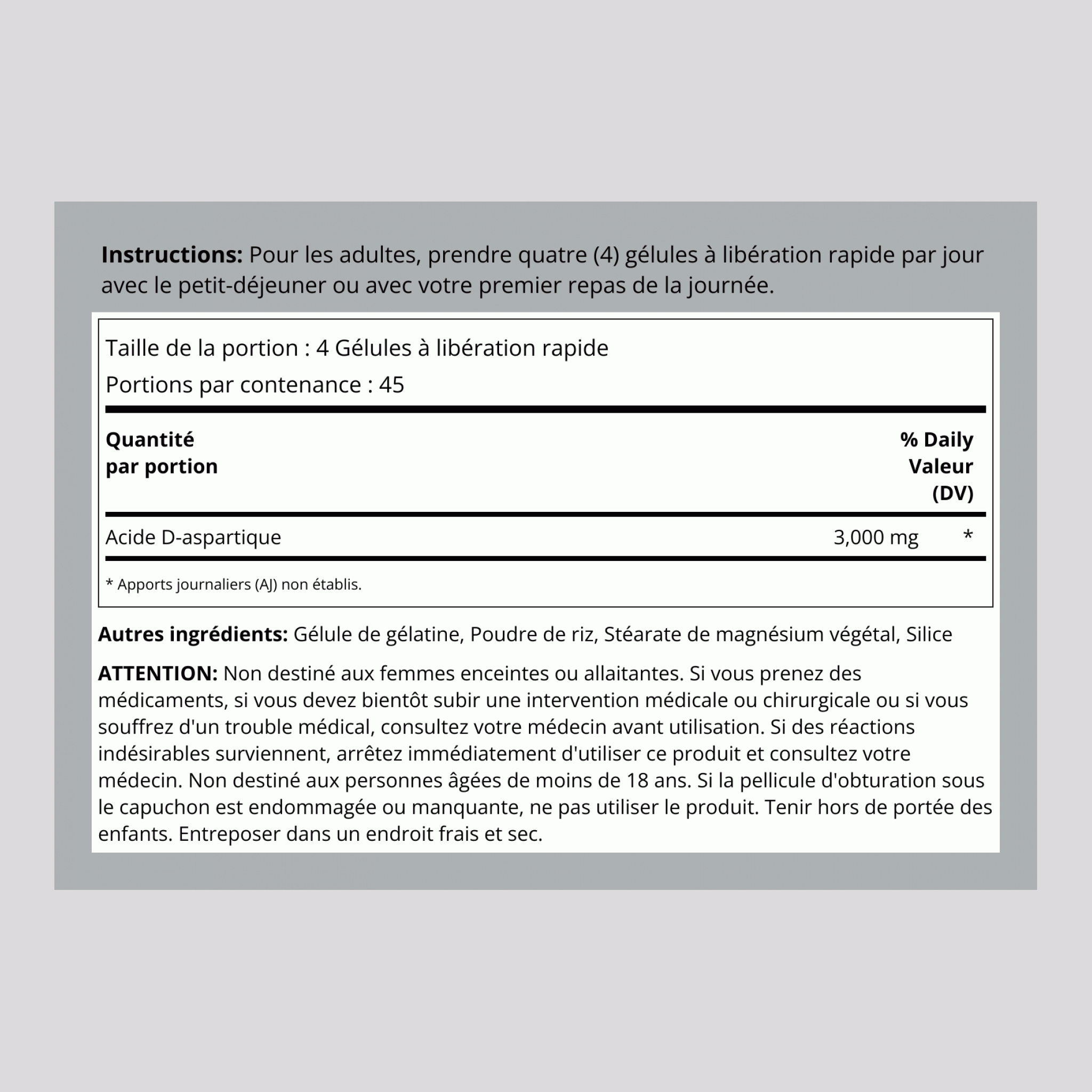 D-Aspartic Acid, 3000 mg (per serving), 180 Quick Release Capsules