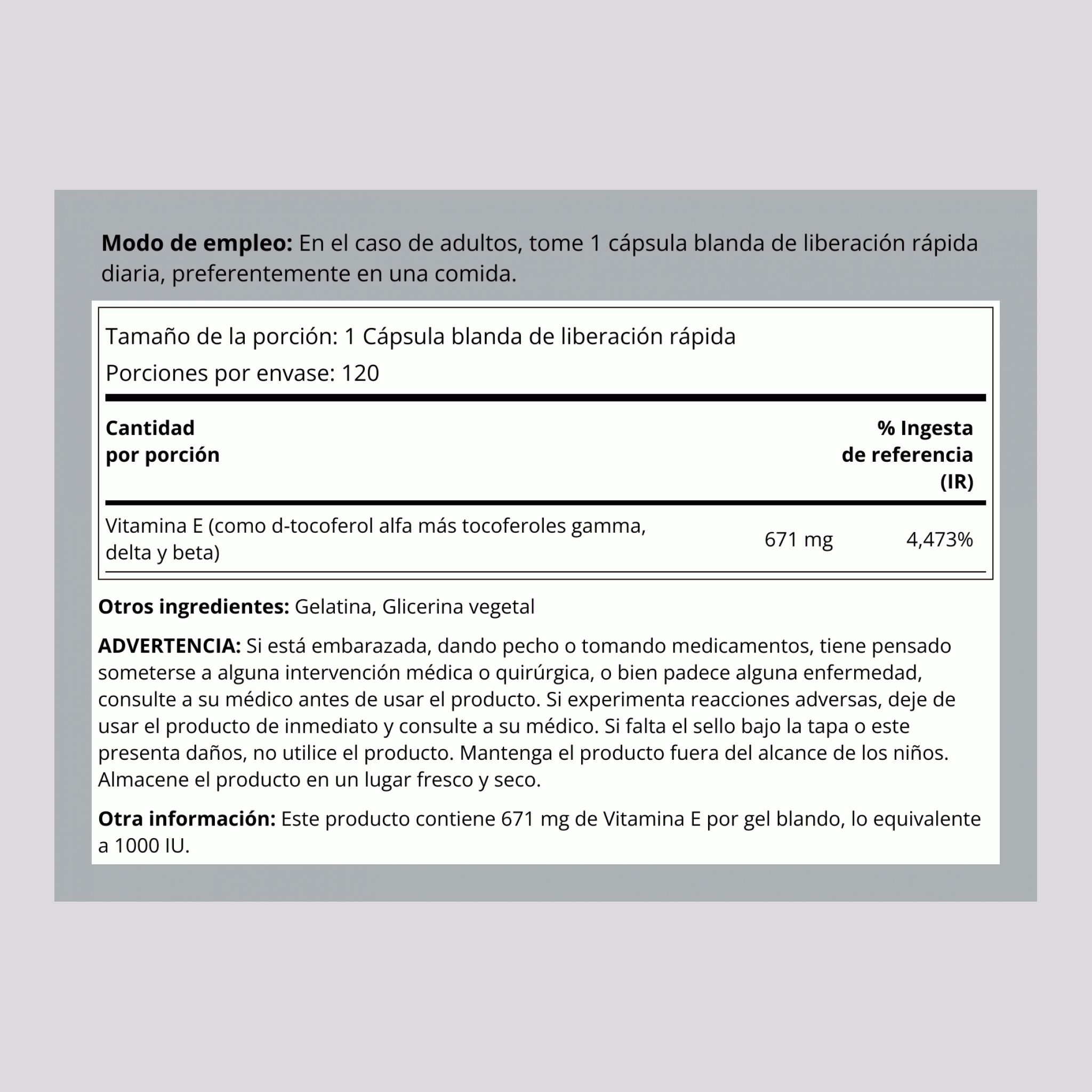 Vitamina E D-alfa tocoferol en combinación con tocoferoles 1000 IU 120 Cápsulas blandas de liberación rápida     