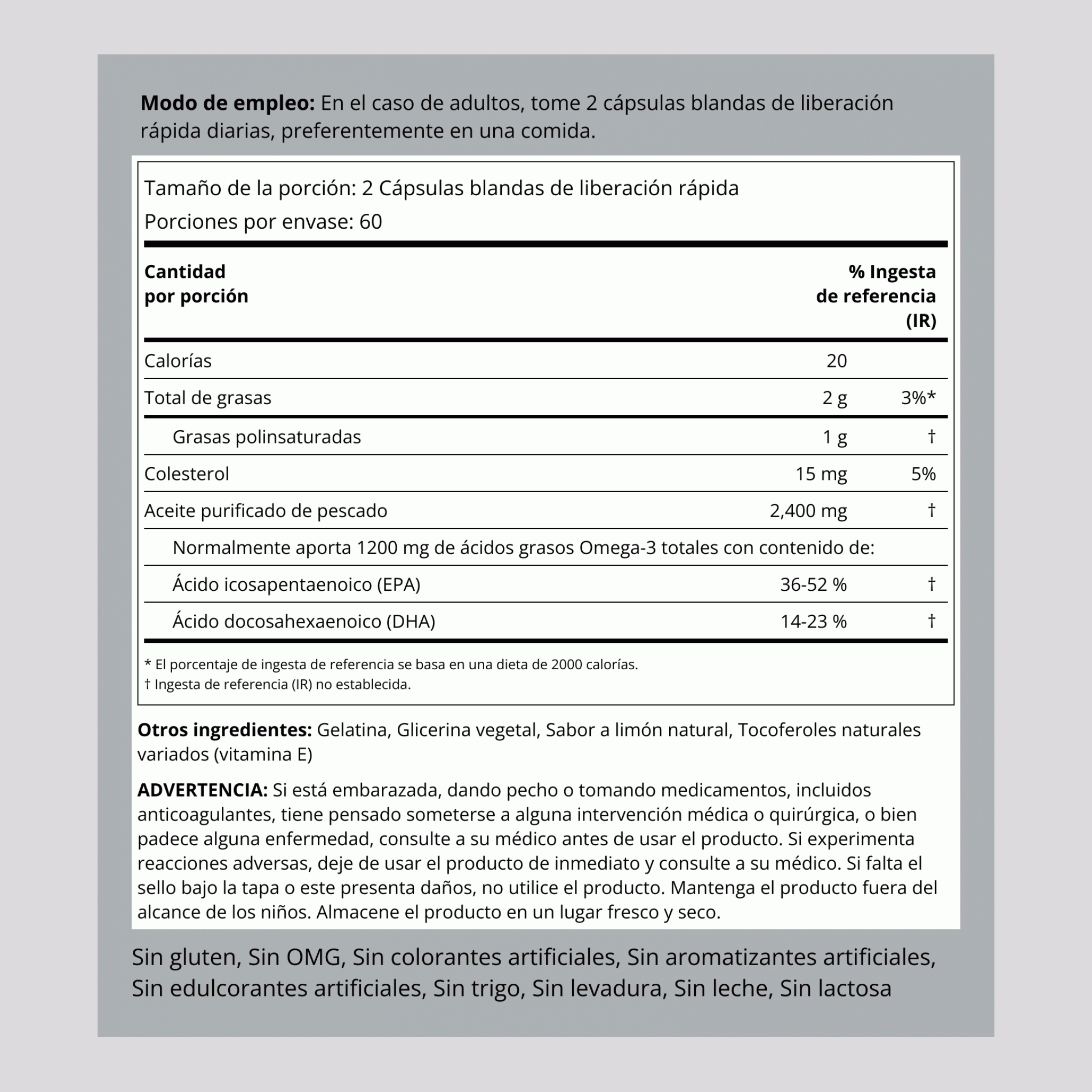 Aceite de pescado de doble fuerza con omega-3 (sabor a limón) 1200 mg 120 Cápsulas blandas de liberación rápida     