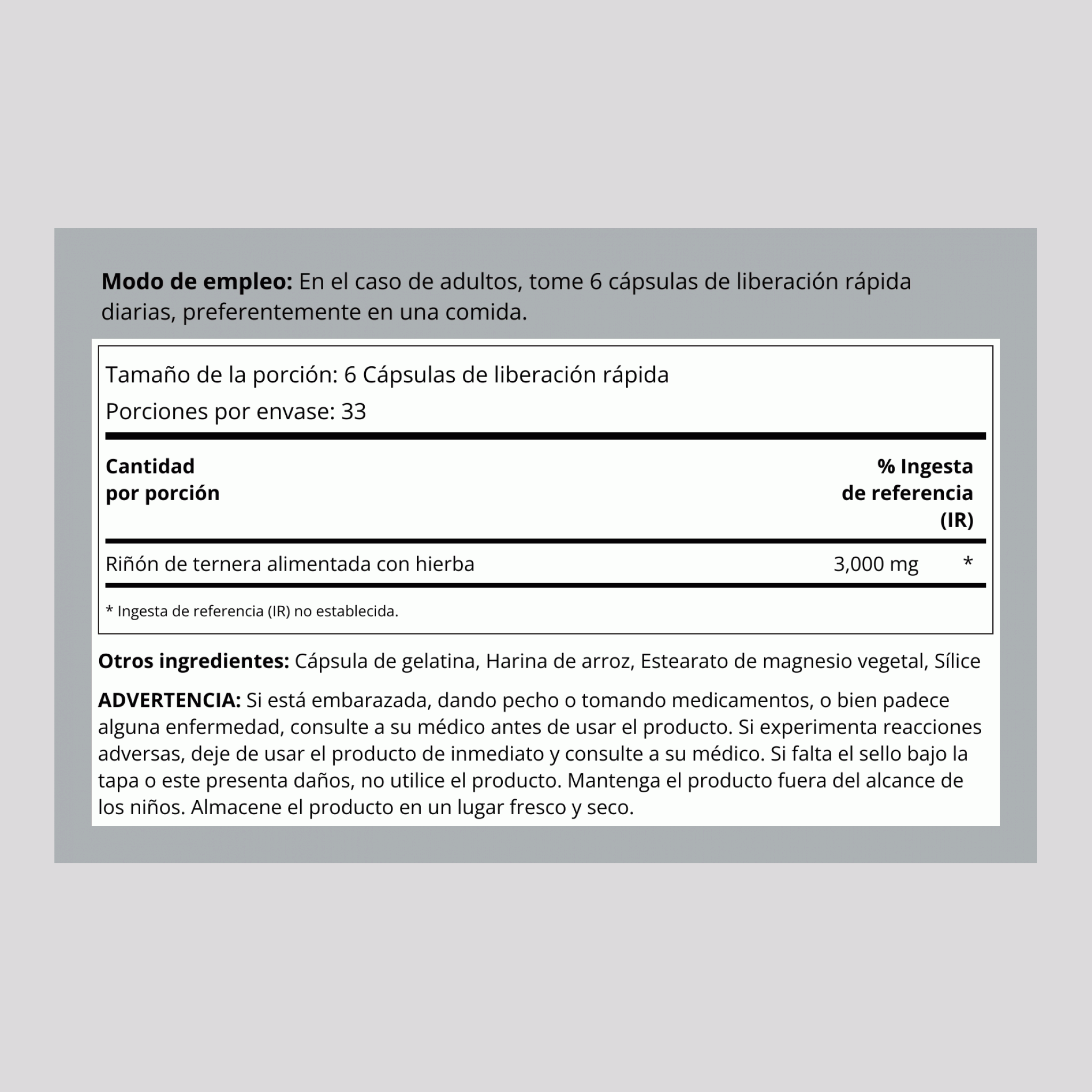 Concentrado glandular de riñón crudo 3000 mg (por porción) 200 Cápsulas de liberación rápida     