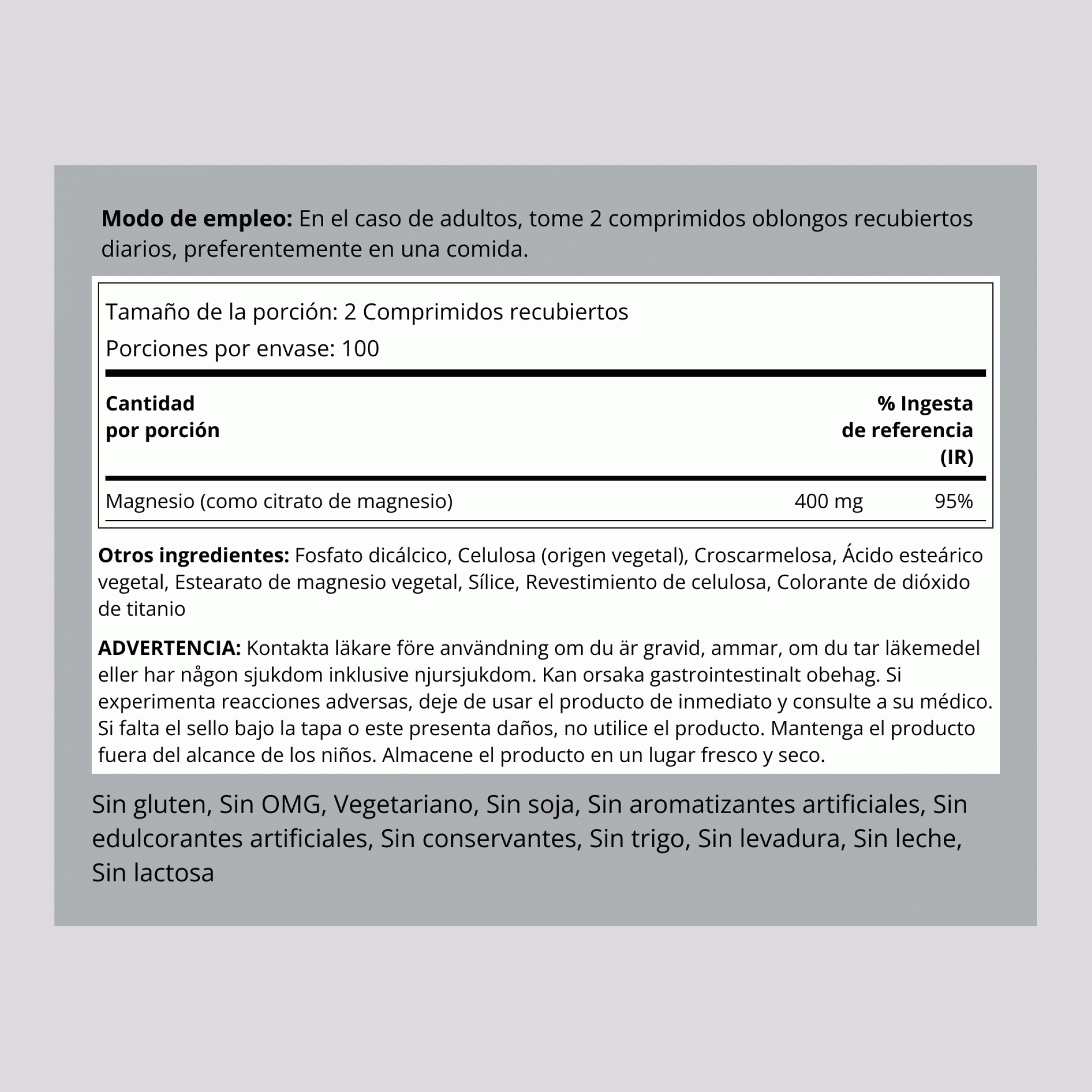 Citrato de magnesio  400 mg (por porción) 200 Comprimidos recubiertos     