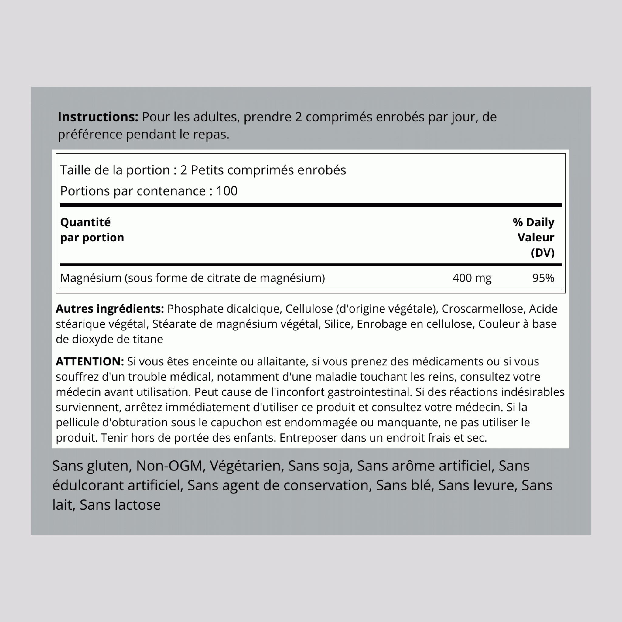 Magnesium Citrate, 400 mg (per serving), 200 Coated Caplets