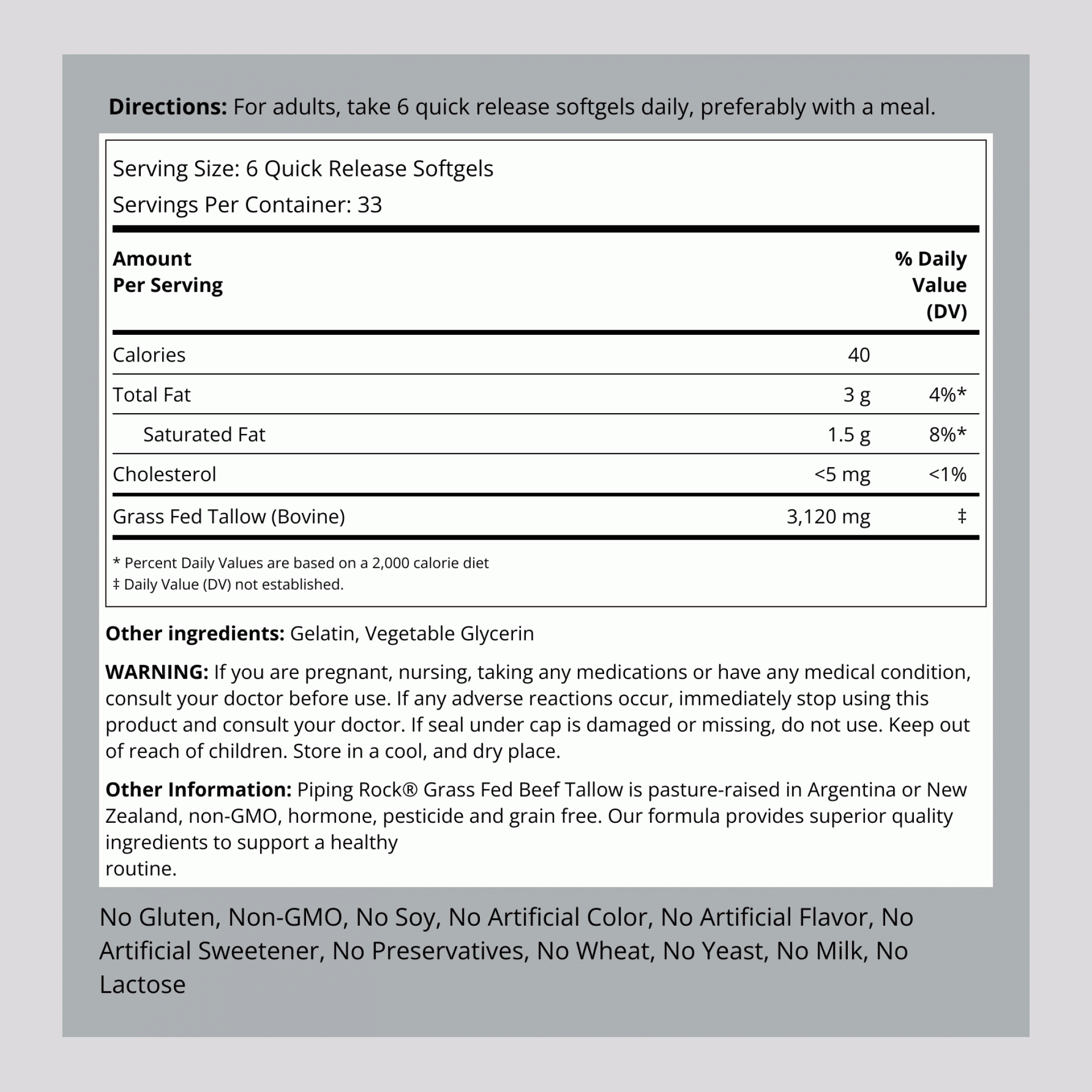 Grass Fed Beef Tallow, 3120 mg (per serving), 200 Quick Release Softgels