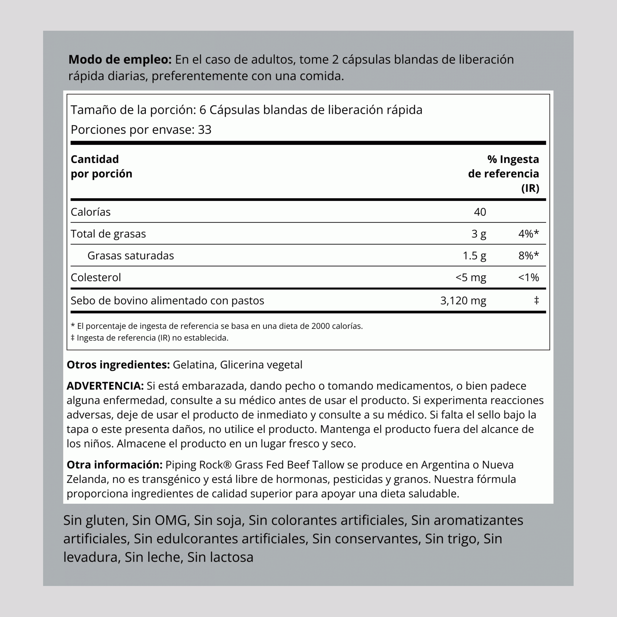 Sebo de res alimentado con hierba 3120 mg (por porción) 200 Cápsulas blandas de liberación rápida     