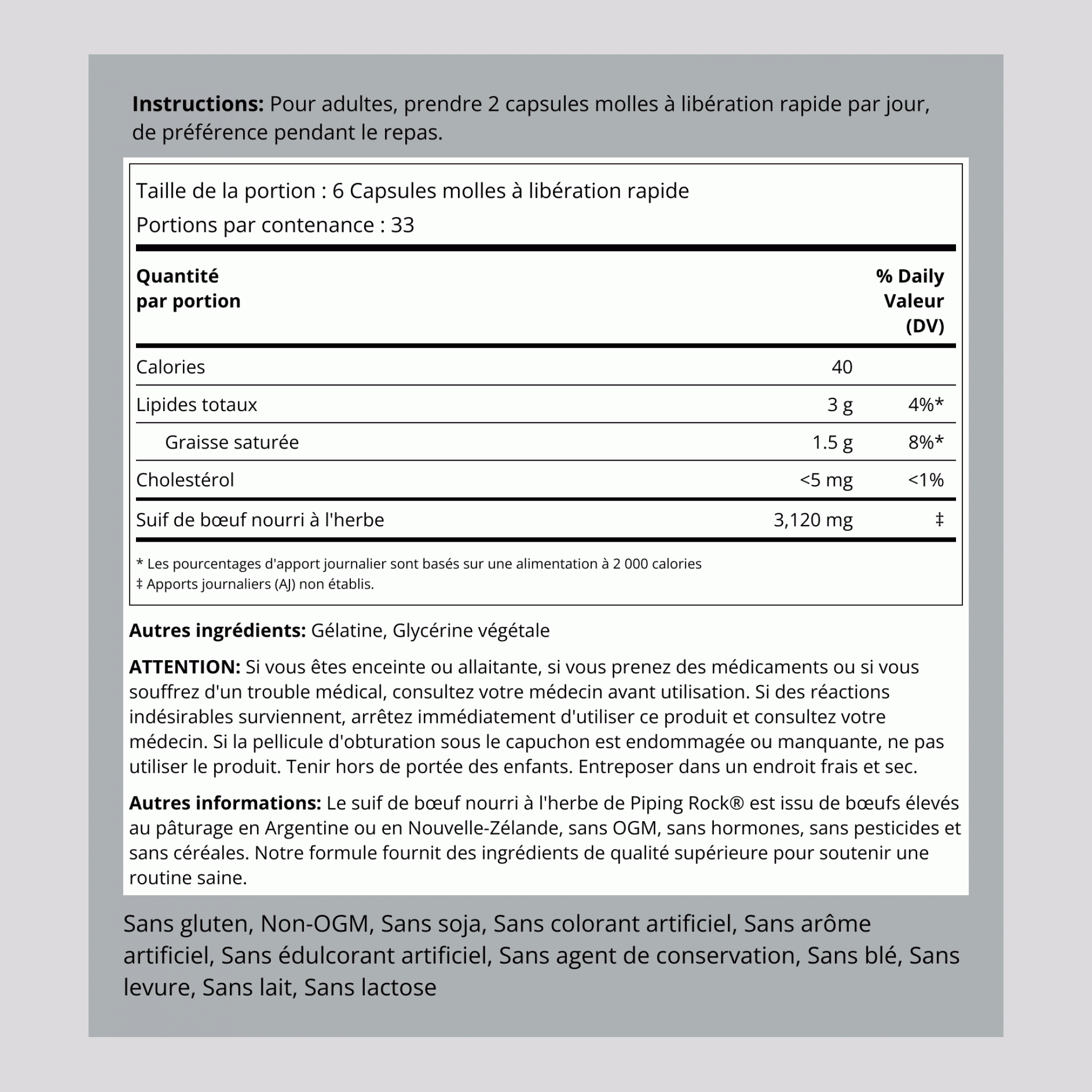 Grass Fed Beef Tallow, 3120 mg (per serving), 200 Quick Release Softgels