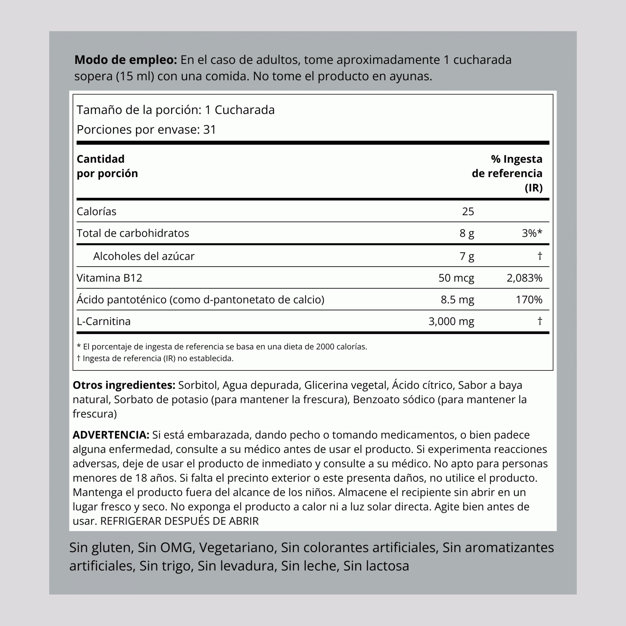 L-Carnitina líquida (baya natural) 3000 mg (por porción) 16 fl oz 473 mL Frasco con dosificador  