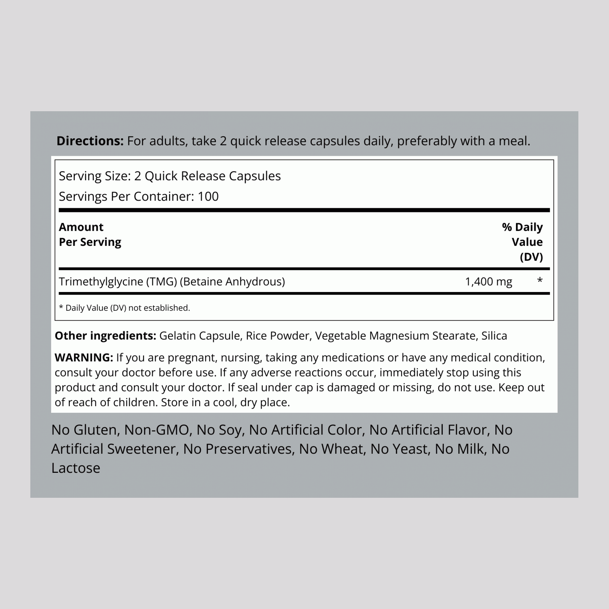 TMG (Trimethylglycine), 1400 mg (per serving), 200 Quick Release Capsules