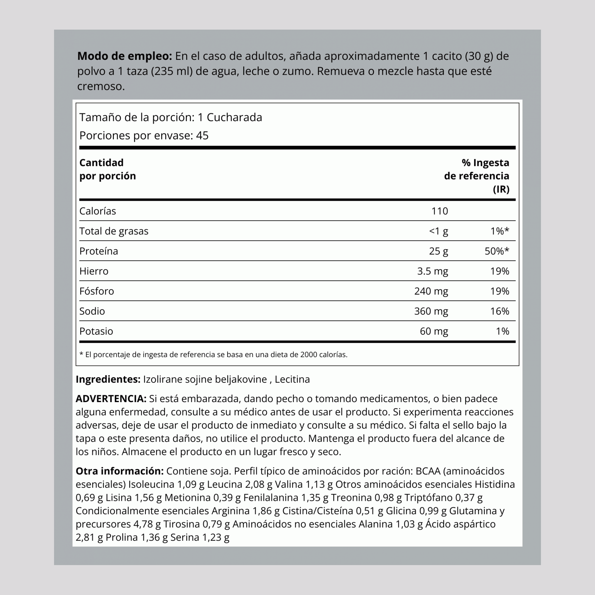 Proteína aislada de soja en polvo sin sabor 3 lb 1.362 Kg Botella/Frasco    