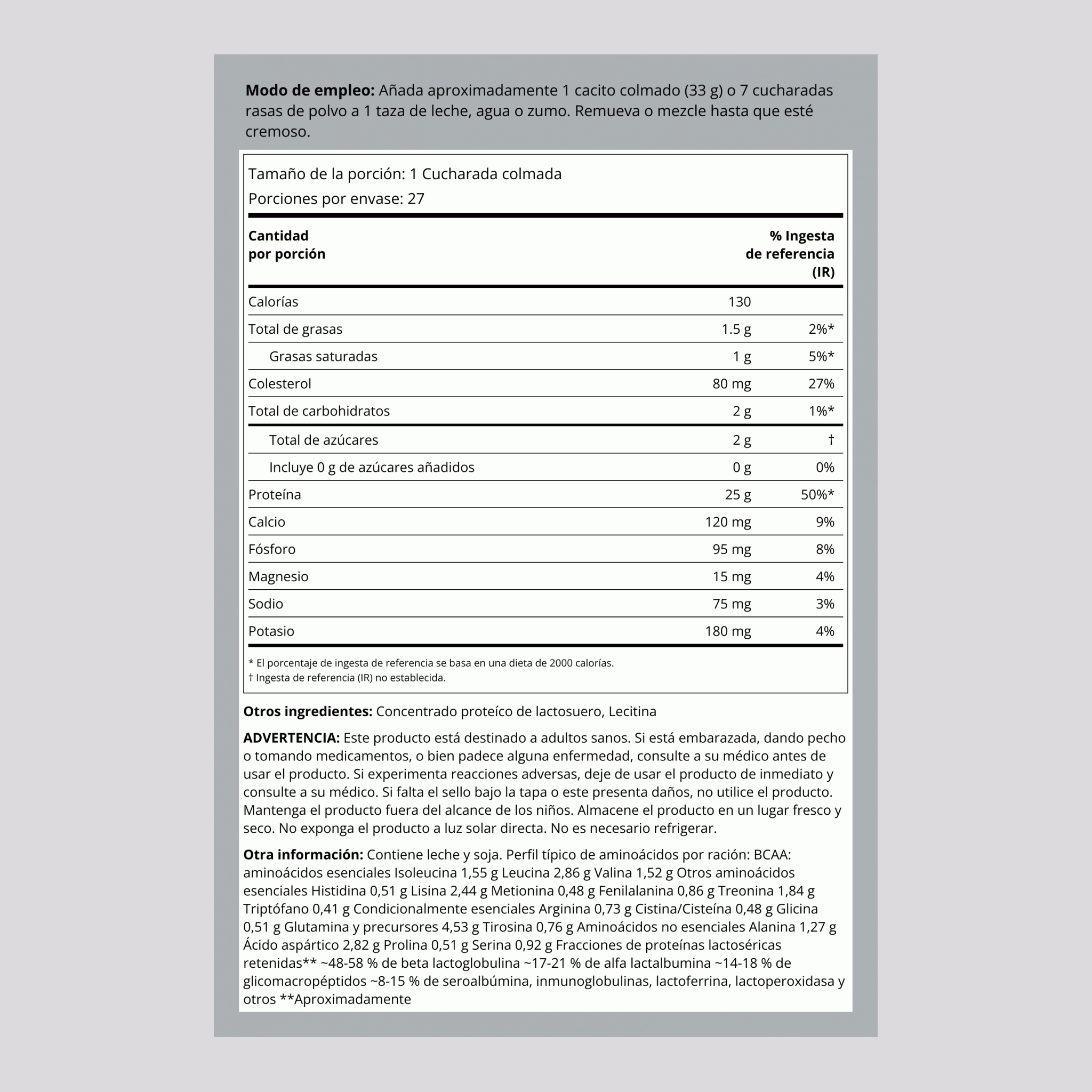 proteína de suero de leche (sin saborizantes ni endulzantes) 2 lb 908 g Botella/Frasco    