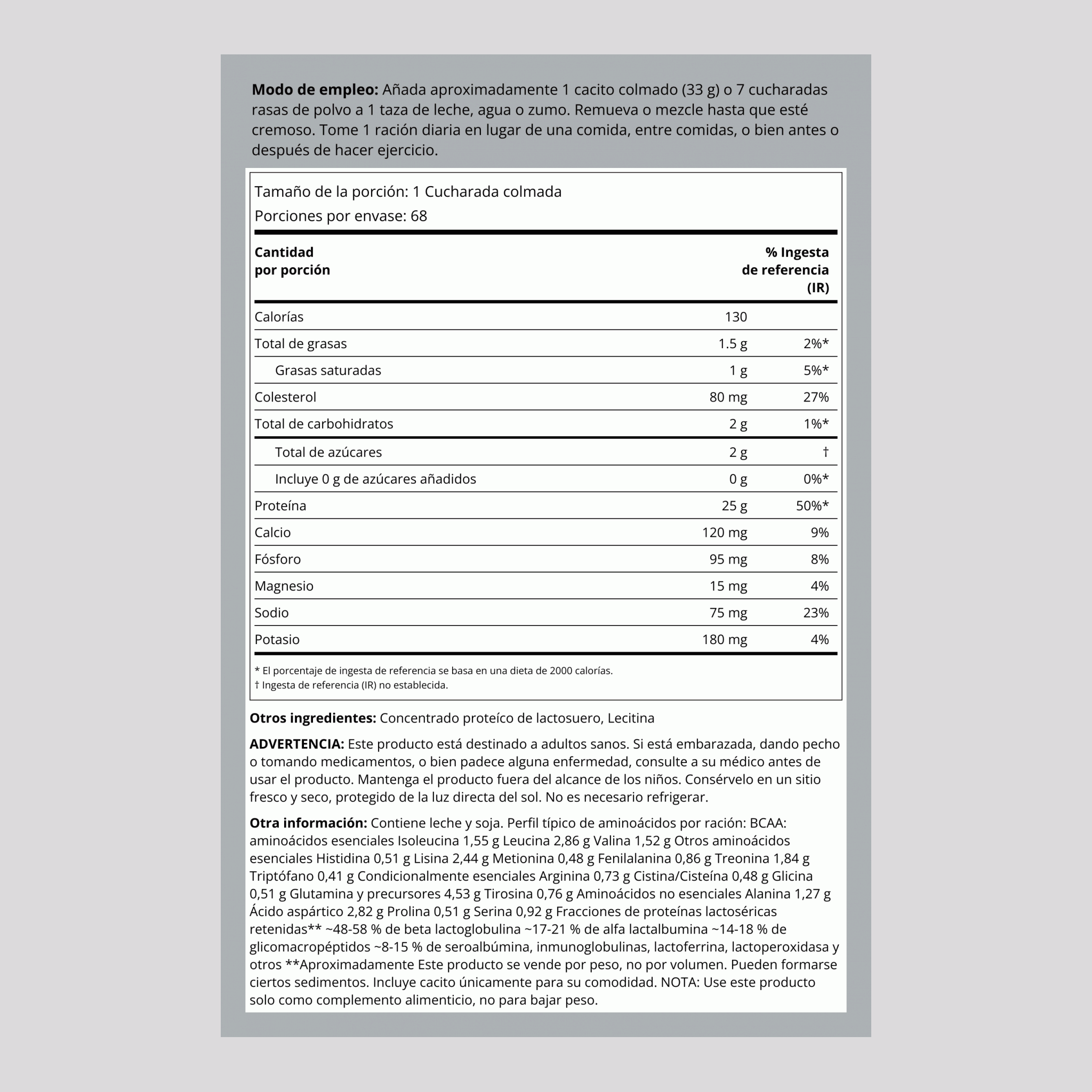 proteína de suero de leche (sin saborizantes ni endulzantes) 5 lb 2.268 Kg Botella/Frasco    