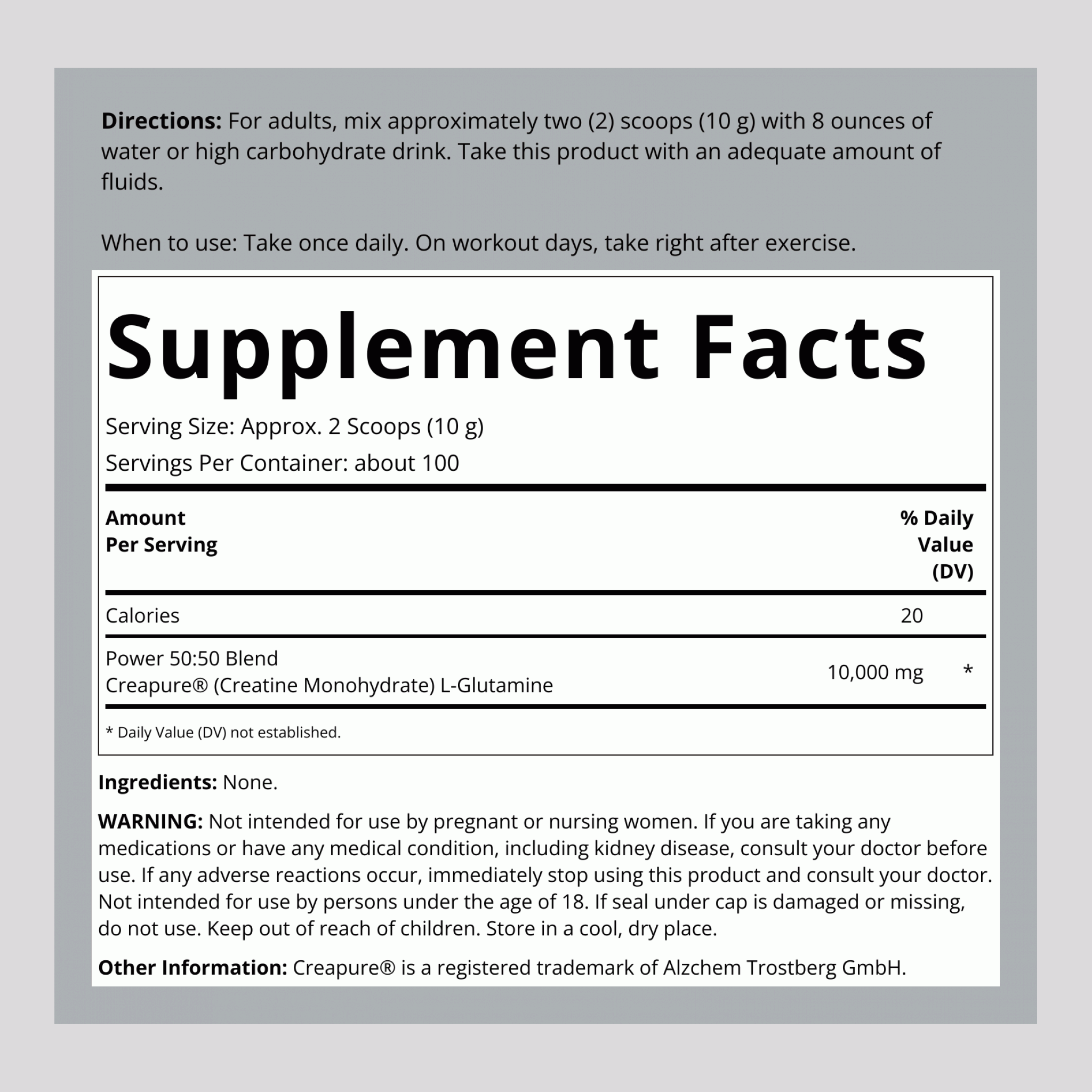 German Creatine Monohydrate (Creapure) & L-Glutamine Powder (50:50 Blend), 10 grams (per serving), 2.2 lb (1000 g) Bottle