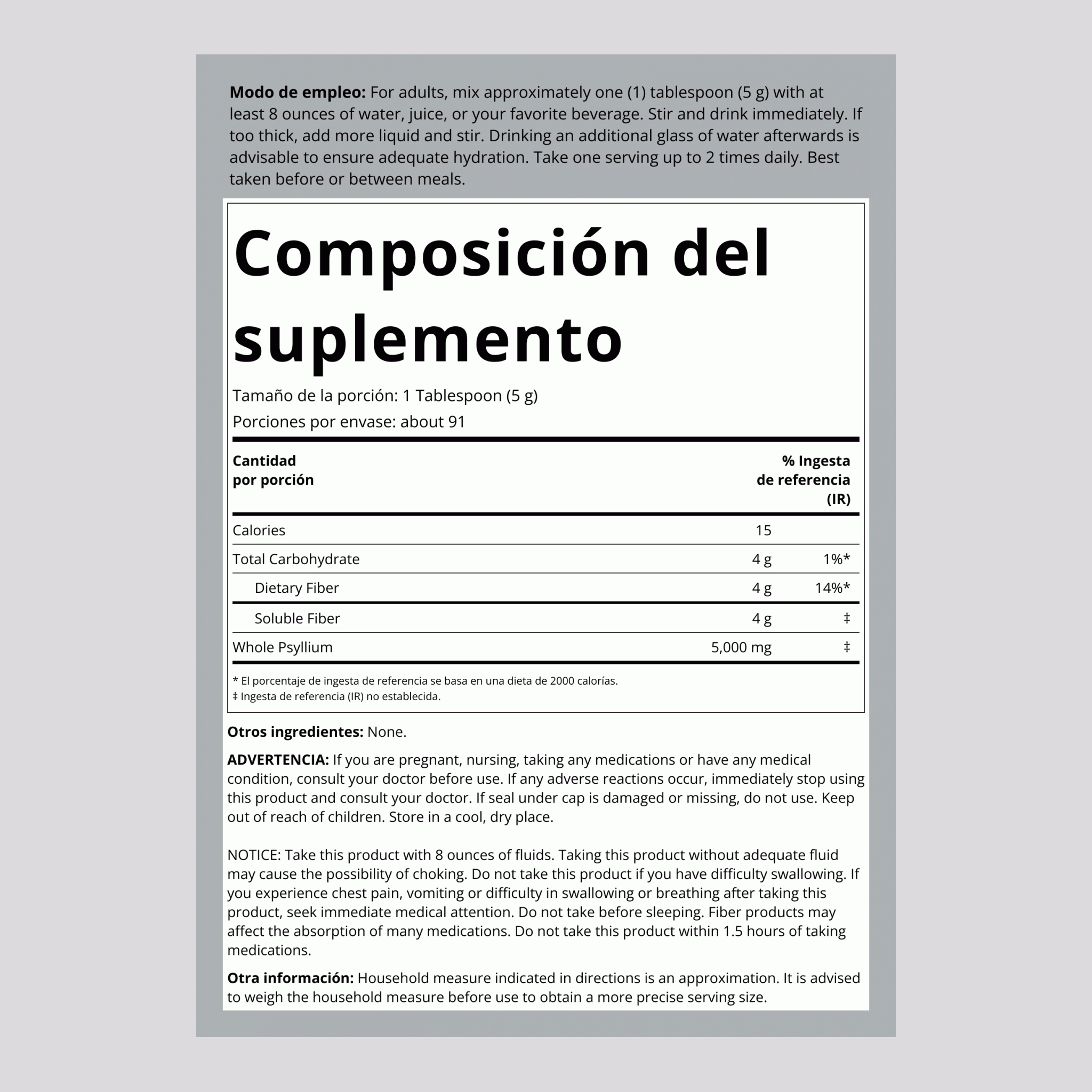 Cáscaras de psyllium  1 lb 454 g Botella/Frasco    