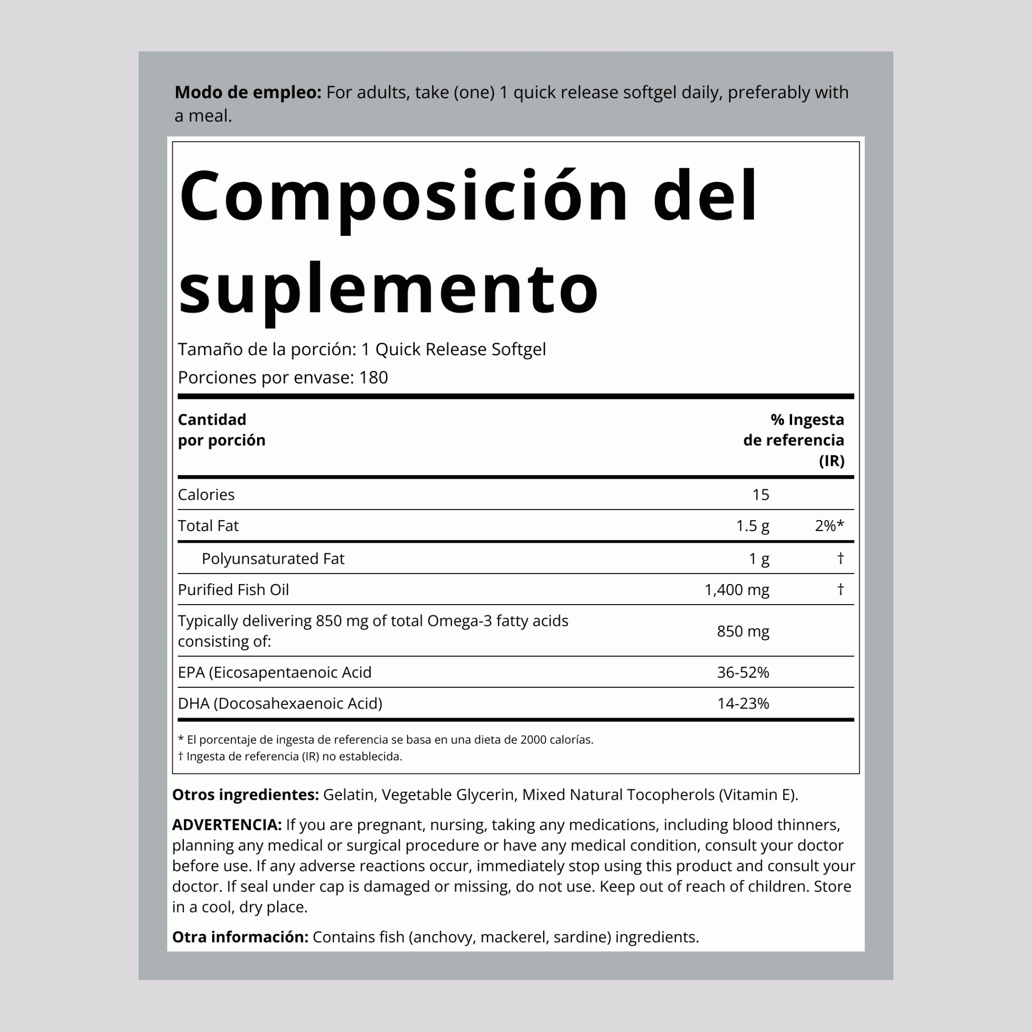 Cápsulas blandas de aceite de pescado de triple fuerza (900 mg, con aceite omega-3) 1400 mg 180 Cápsulas blandas de liberación rápida     