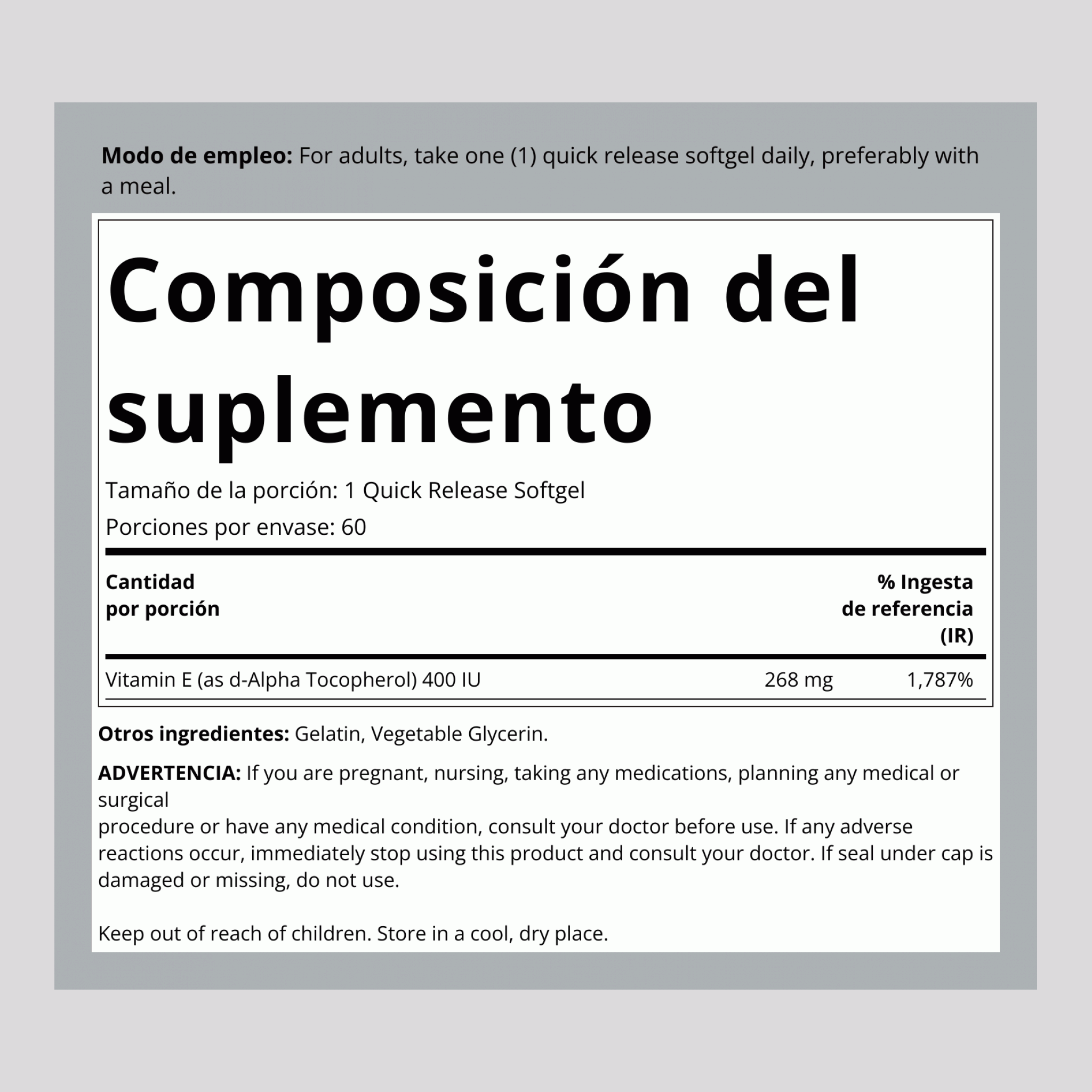 Vitamina E-400 IU (Tocoferol D-alfa) 60 Cápsulas blandas de liberación rápida       