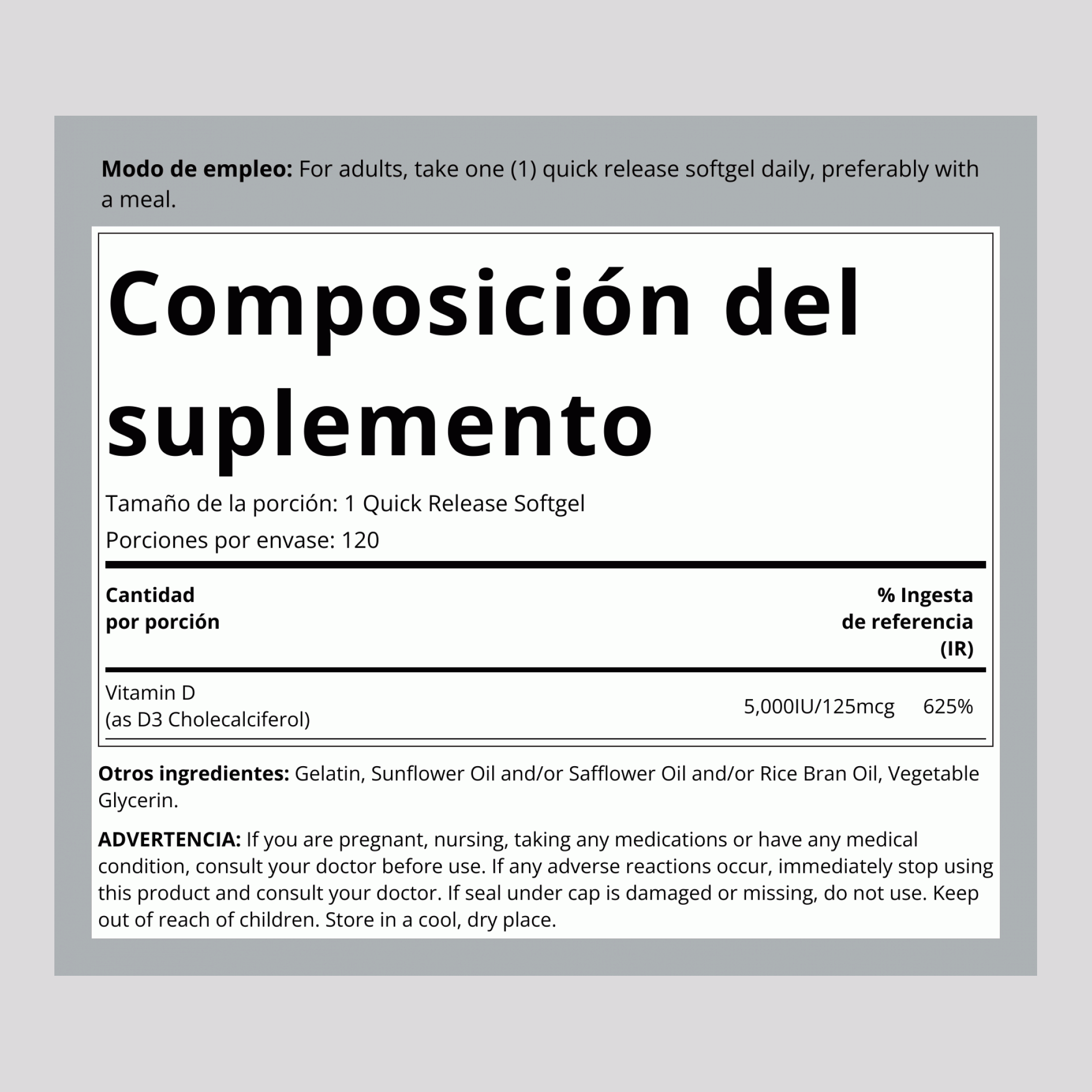 Vitamina D 3 5000 IU 120 Cápsulas blandas de liberación rápida     