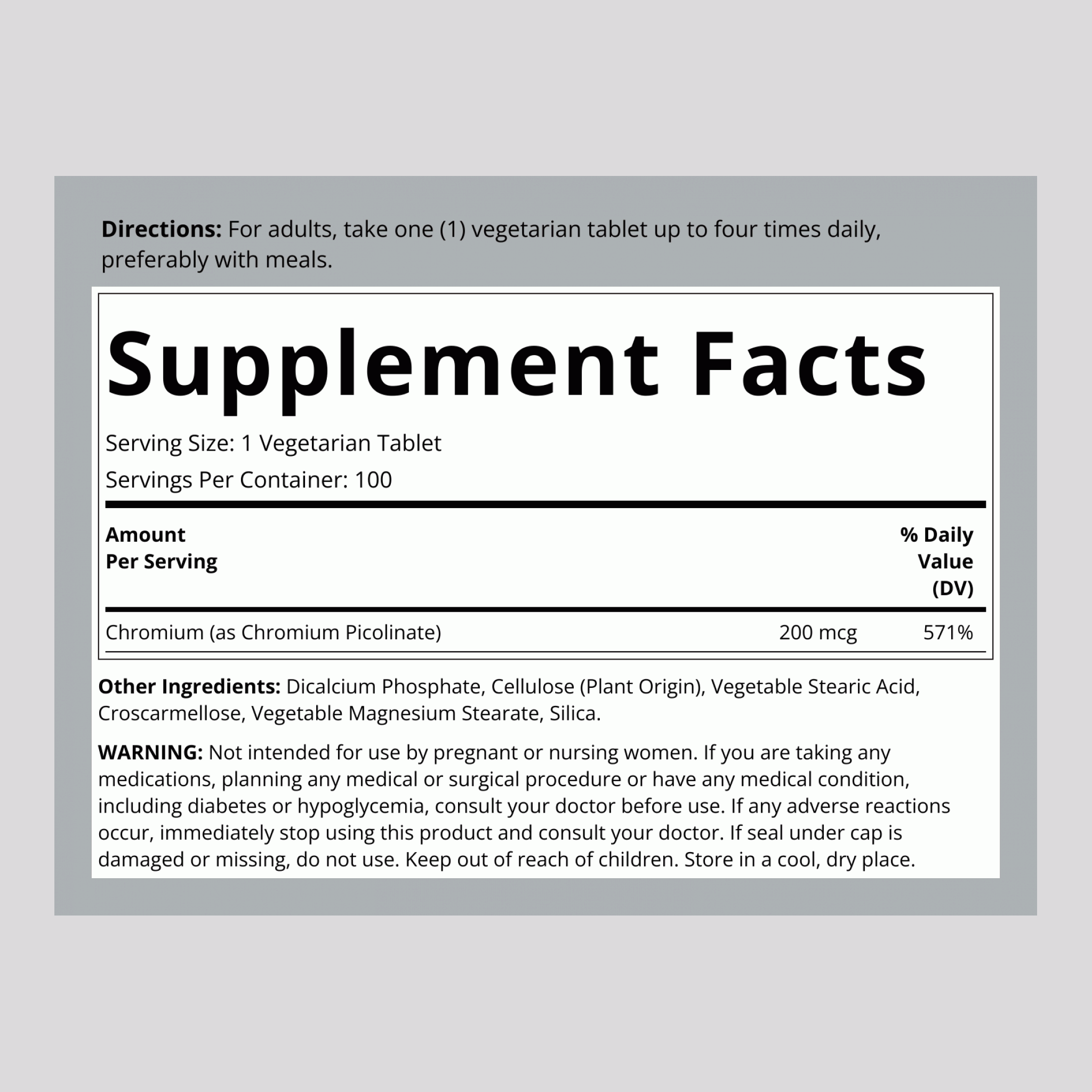 Chromium Picolinate, 200 mcg, 100 Vegetarian Tablets